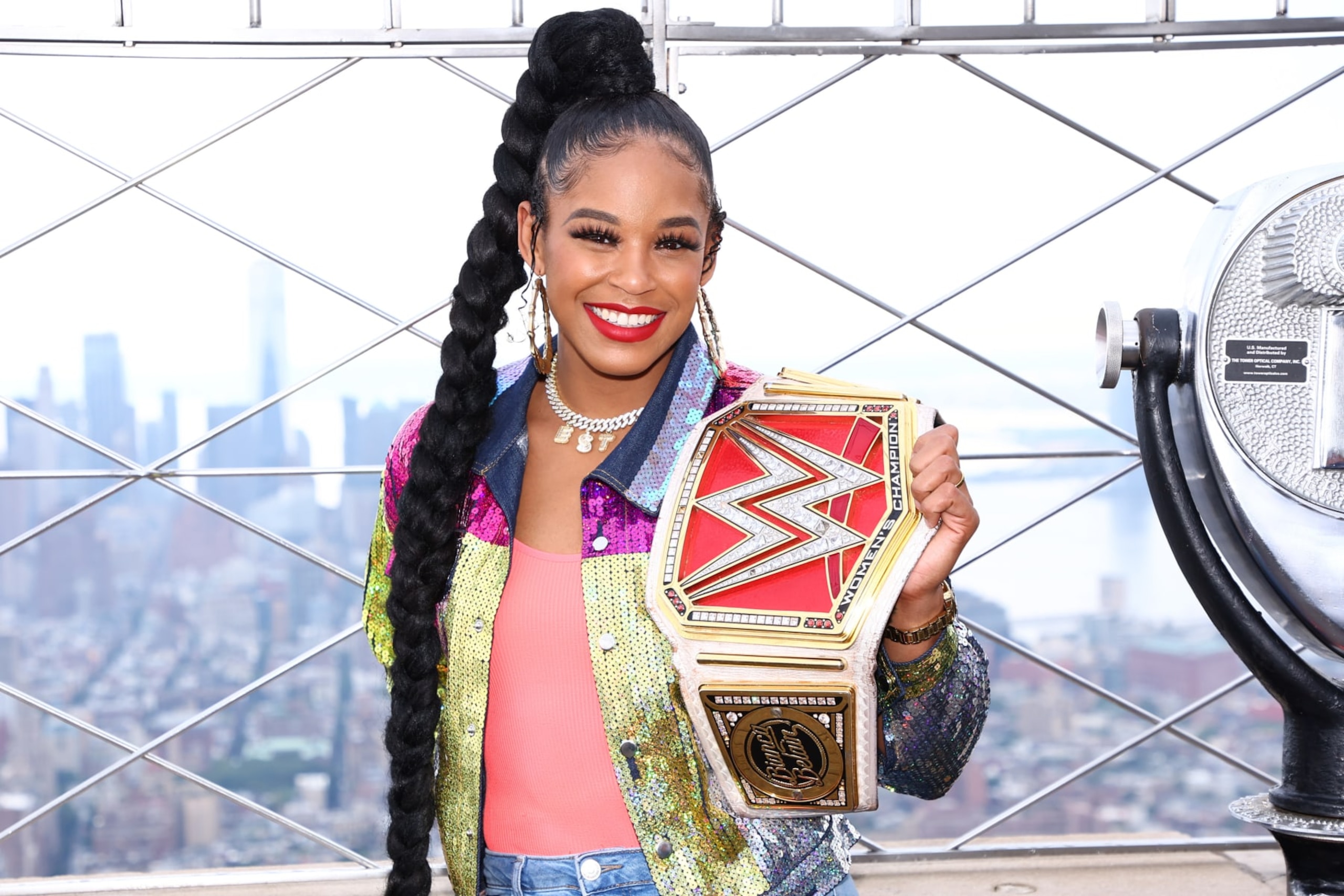 NEW YORK, NEW YORK - JULY 25: Bianca Belair Visits the Empire State Building at The Empire State Building on July 25, 2022 in New York City. (Photo by Arturo Holmes/Getty Images for Empire State Realty Trust)