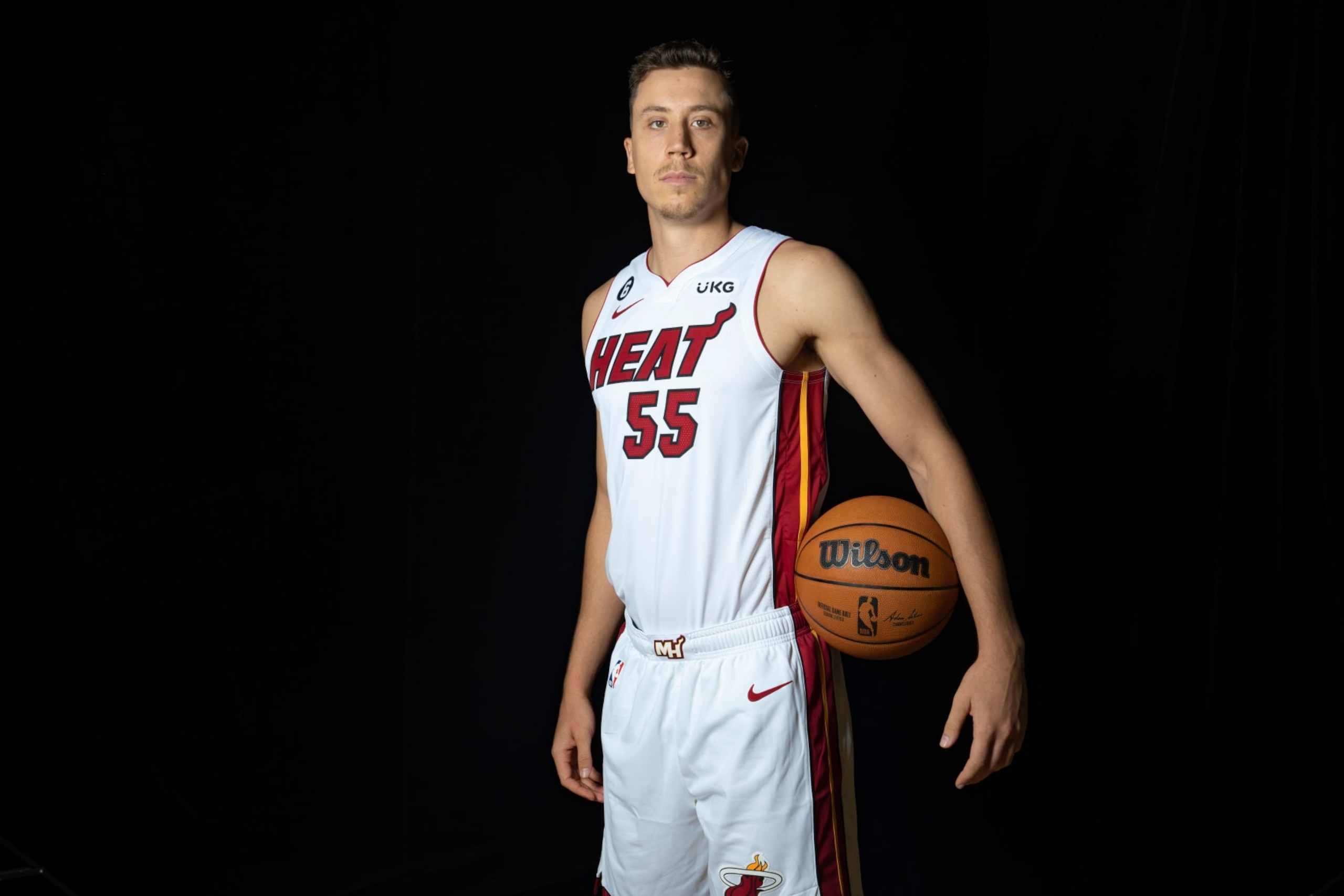 MIAMI, FLORIDA - SEPTEMBER 26: Duncan Robinson #55 of the Miami Heat poses for a portrait during media day at FTX Arena on September 26, 2022 in Miami, Florida. NOTE TO USER: User expressly acknowledges and agrees that, by downloading and/or using this photograph, user is consenting to the terms and conditions of the Getty Images License Agreement. (Photo by Eric Espada/Getty Images)