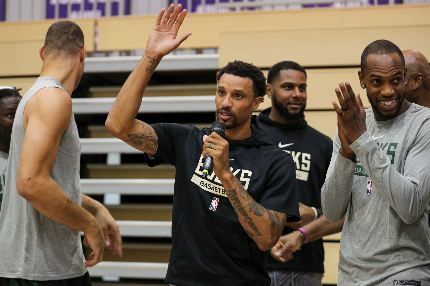 ABU DHABI, UAE - OCTOBER 4: George Hill #3 of the Milwaukee Bucks participates in a JR NBA Cares Clinic as part of 2022 NBA Global Games Abu Dhabi at NYU on October 4, 2022 in Abu Dhabi, The United Arab Emirates. NOTE TO USER: User expressly acknowledges and agrees that, by downloading and/or using this Photograph, user is consenting to the terms and conditions of the Getty Images License Agreement. Mandatory Copyright Notice: Copyright 2022 NBAE (Photo by Chris Marion/NBAE via Getty Images)