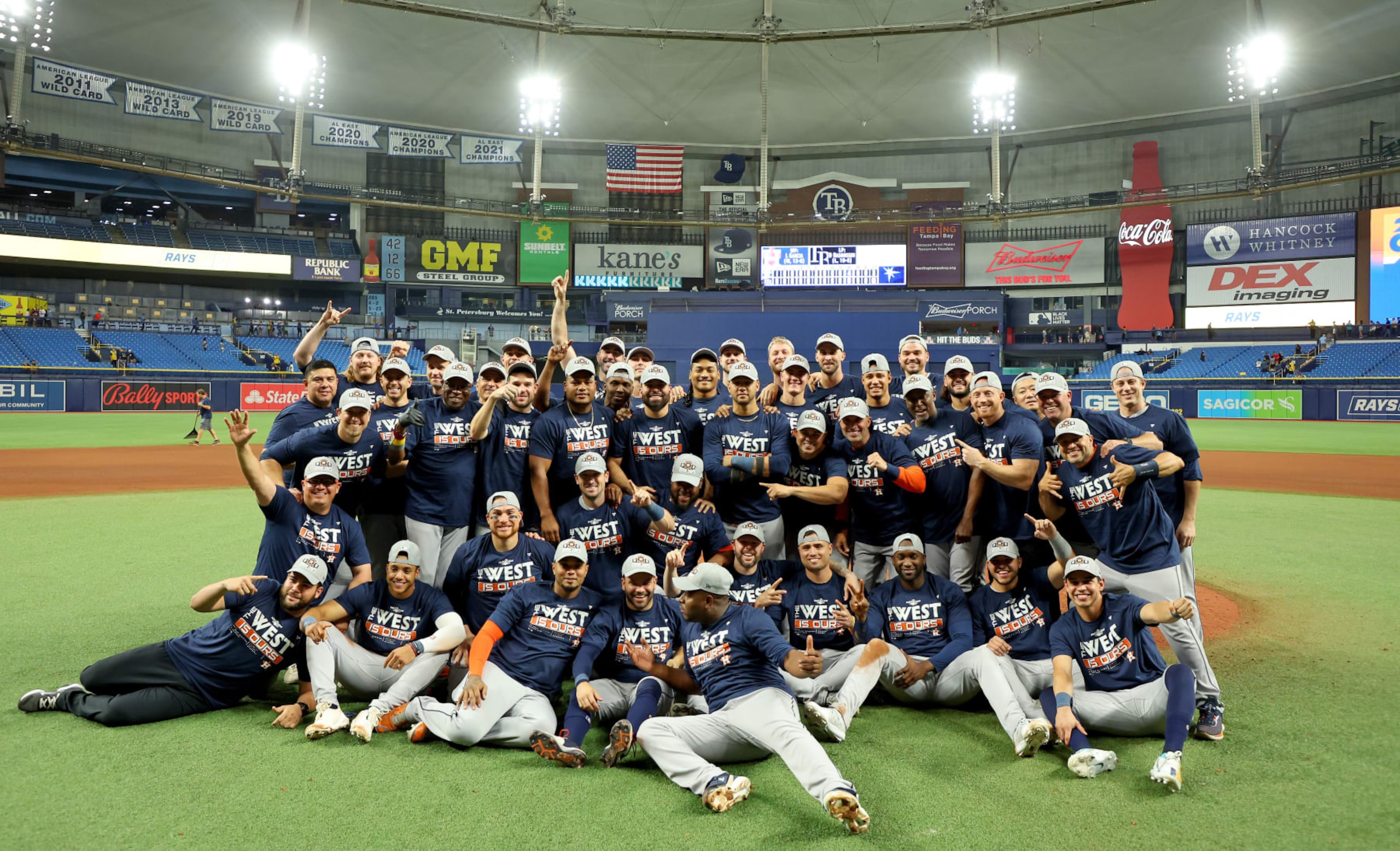 ST PETERSBURG, FLORIDA - SEPTEMBER 19: The Houston Astros celebrates winning the American League West Division following a game against the Tampa Bay Rays at Tropicana Field on September 19, 2022 in St Petersburg, Florida. (Photo by Mike Ehrmann/Getty Images)
