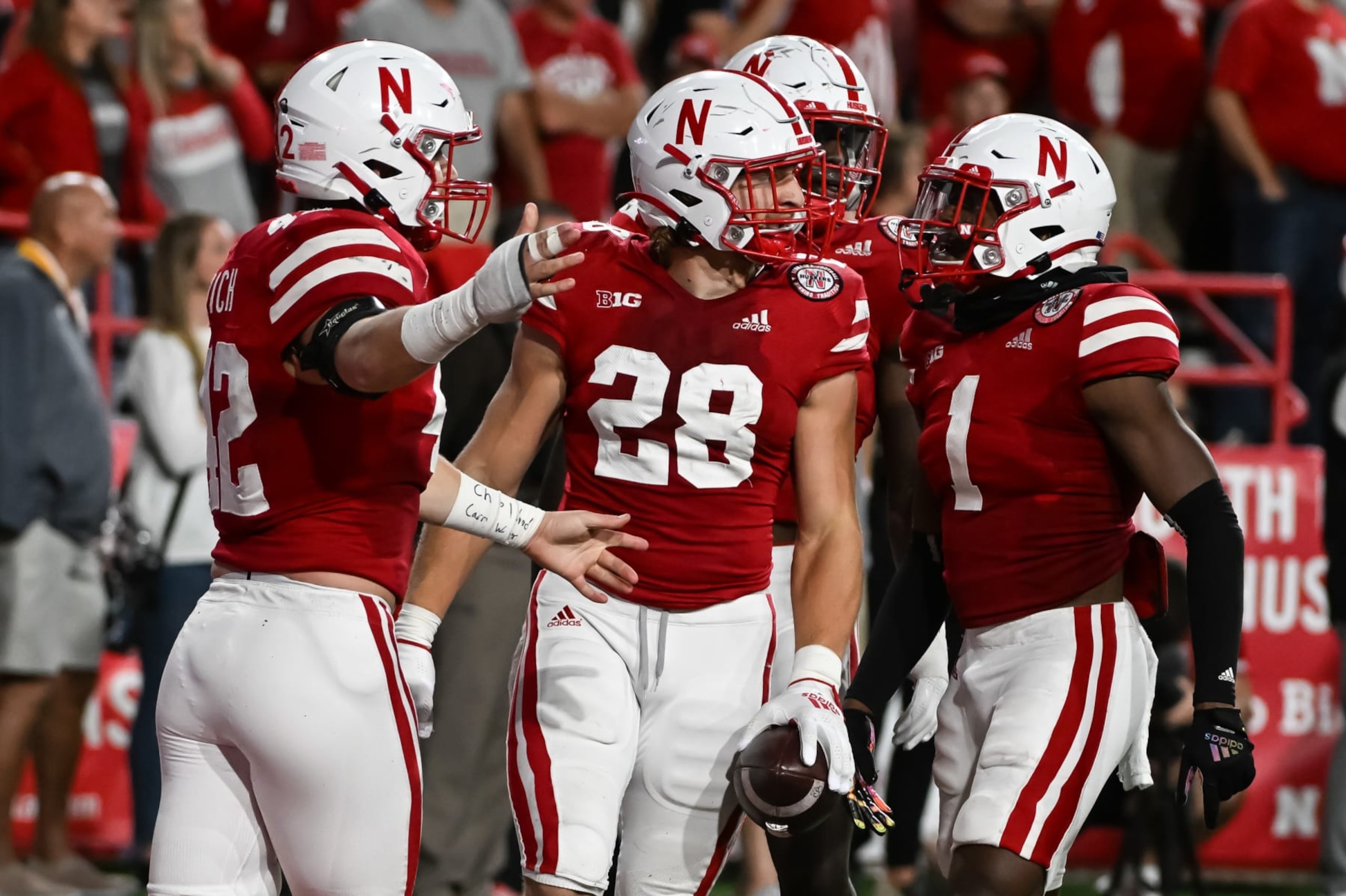 LINCOLN, NE - OCTOBER 01: Linebacker Luke Reimer #28 of the Nebraska Cornhuskers celebrates an interception against the Indiana Hoosiers during the third quarter at Memorial Stadium on October 1, 2022 in Lincoln, Nebraska. (Photo by Steven Branscombe/Getty Images)