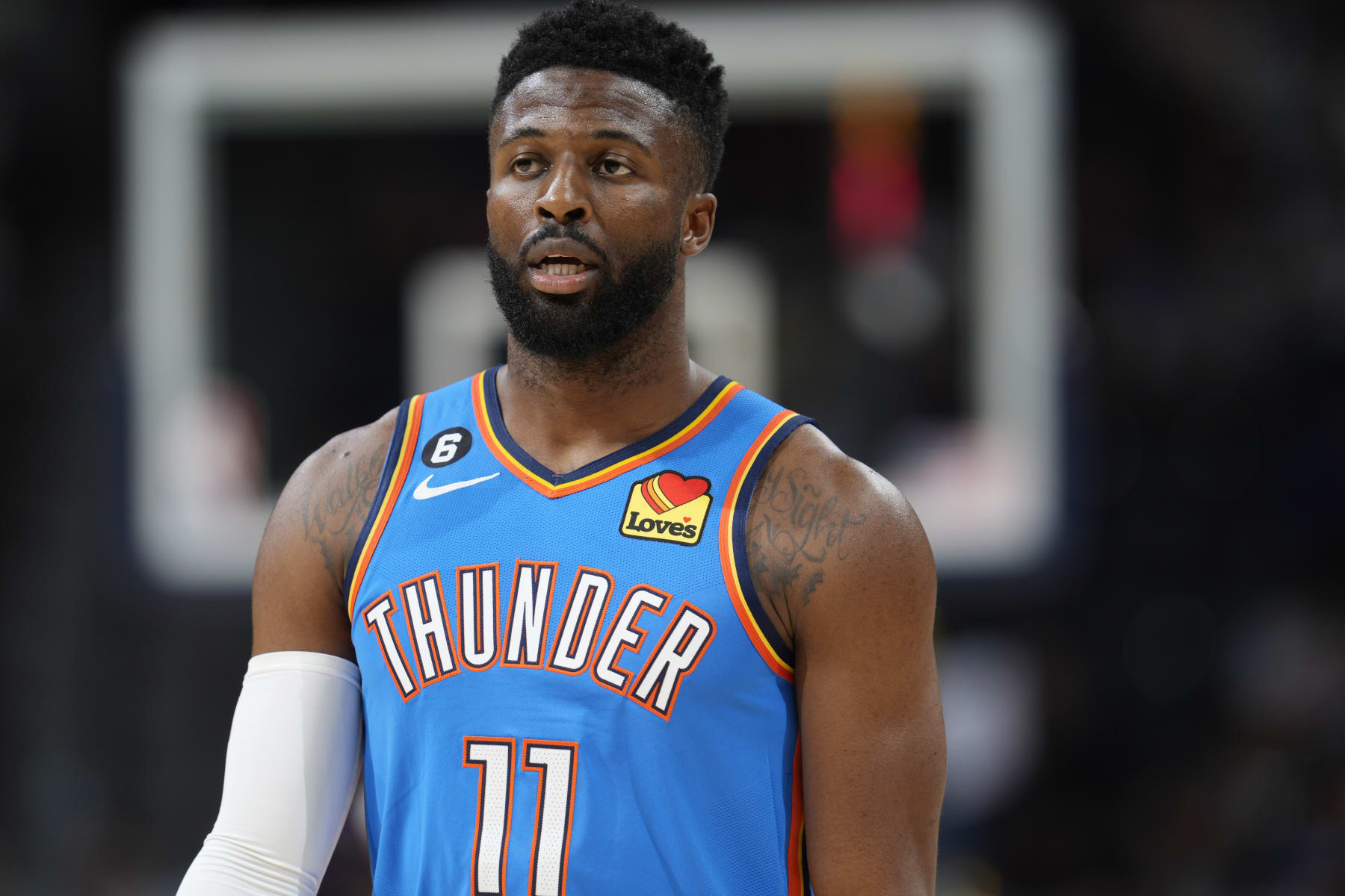 Oklahoma City Thunder forward David Nwaba (11) in the second half of an NBA preseason basketball game Monday, Oct. 3, 2022, in Denver. (AP Photo/David Zalubowski)