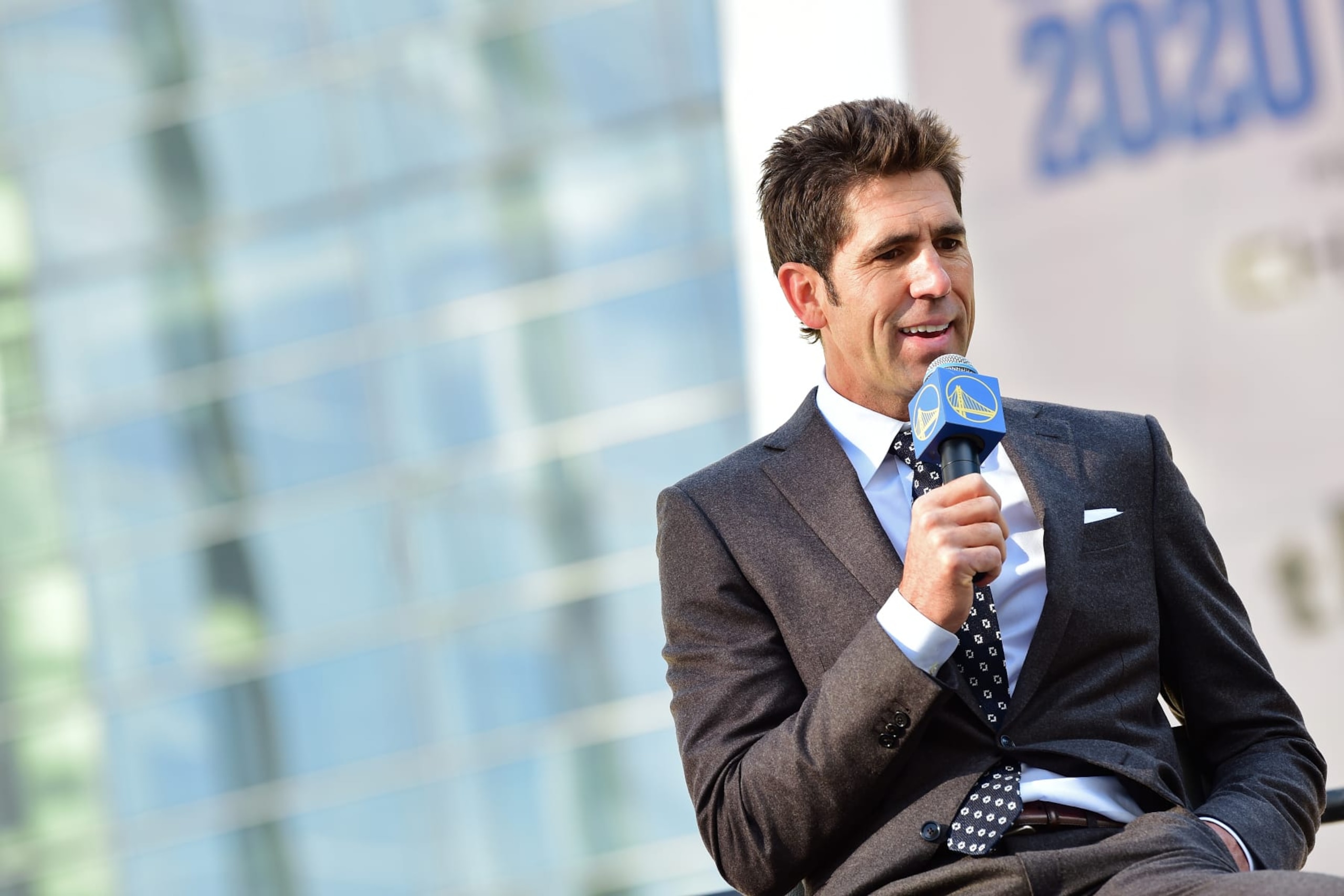 SAN FRANCISCO, CA - NOVEMBER 19: Bob Myers, General Manager of the Golden State Warriors, talks to the media during a draftee press conference on November 19, 2020 in San Francisco, California at the Chase Center. NOTE TO USER: User expressly acknowledges and agrees that, by downloading and or using this photograph, user is consenting to the terms and conditions of Getty Images License Agreement. Mandatory Copyright Notice: Copyright 2020 NBAE (Photo by Noah Graham/NBAE via Getty Images) SAN FRANCISCO, CA - NOVEMBER 19: Bob Myers, General Manager of the Golden State Warriors, talks to the media during a draftee press conference on November 19, 2020 in San Francisco, California at the Chase Center. NOTE TO USER: User expressly acknowledges and agrees that, by downloading and or using this photograph, user is consenting to the terms and conditions of Getty Images License Agreement. Mandatory Copyright Notice: Copyright 2020 NBAE (Photo by Noah Graham/NBAE via Getty Images)