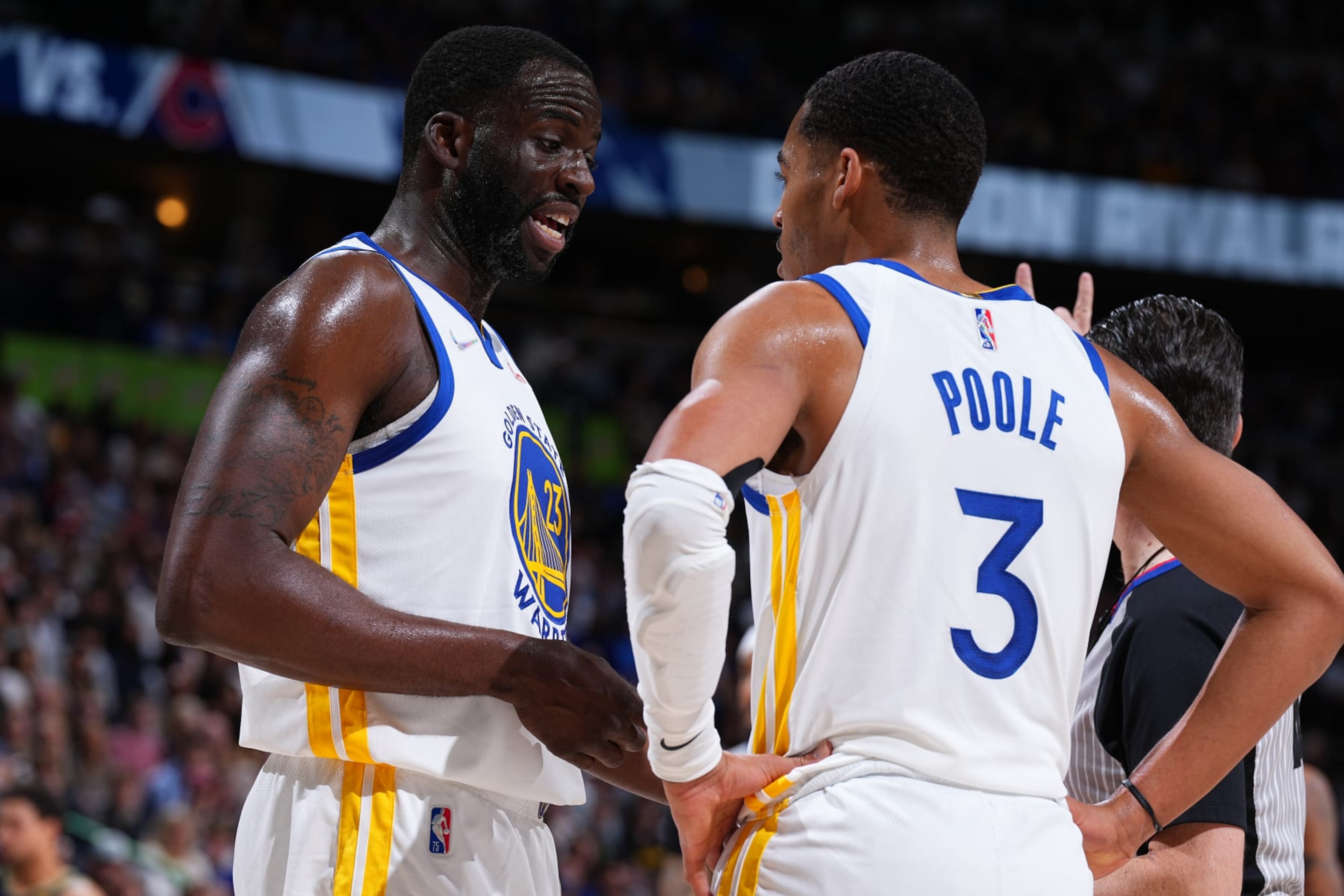 DENVER, CO - APRIL 24: Draymond Green #23 and Jordan Poole #3 of the Golden State Warriors talk during Round 1 Game 4 of the 2022 NBA Playoffs on April 24, 2022 at the Ball Arena in Denver, Colorado. NOTE TO USER: User expressly acknowledges and agrees that, by downloading and/or using this Photograph, user is consenting to the terms and conditions of the Getty Images License Agreement. Mandatory Copyright Notice: Copyright 2022 NBAE (Photo by Garrett Ellwood/NBAE via Getty Images) DENVER, CO - APRIL 24: Draymond Green #23 and Jordan Poole #3 of the Golden State Warriors talk during Round 1 Game 4 of the 2022 NBA Playoffs on April 24, 2022 at the Ball Arena in Denver, Colorado. NOTE TO USER: User expressly acknowledges and agrees that, by downloading and/or using this Photograph, user is consenting to the terms and conditions of the Getty Images License Agreement. Mandatory Copyright Notice: Copyright 2022 NBAE (Photo by Garrett Ellwood/NBAE via Getty Images)