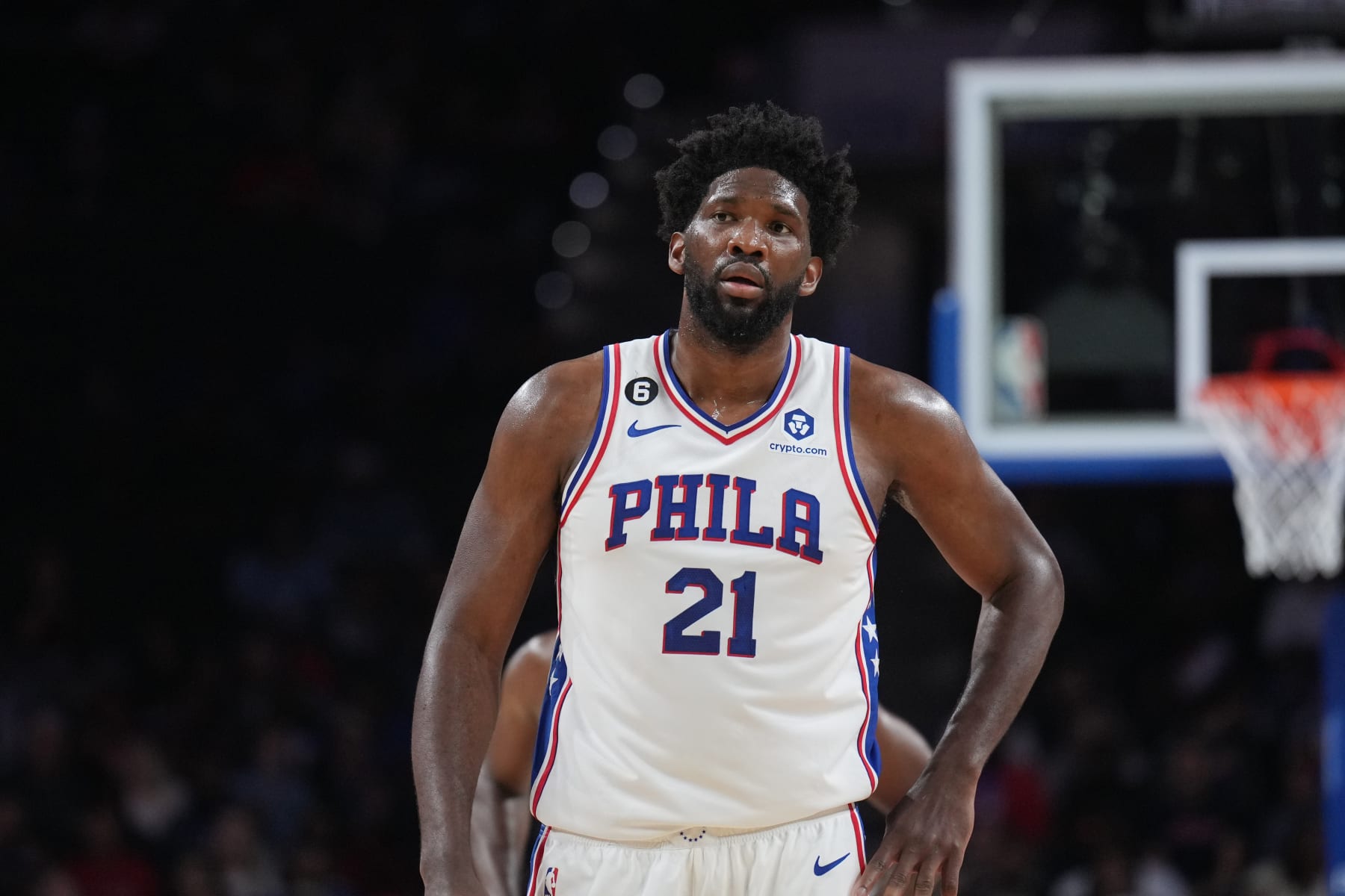 PHILADELPHIA, PA - OCTOBER 5: Joel Embiid #21 of the Philadelphia 76ers looks on during a preseason game against the Cleveland Cavaliers on October 5, 2022 at the Wells Fargo Center in Philadelphia, Pennsylvania NOTE TO USER: User expressly acknowledges and agrees that, by downloading and/or using this Photograph, user is consenting to the terms and conditions of the Getty Images License Agreement. Mandatory Copyright Notice: Copyright 2022 NBAE (Photo by Jesse D. Garrabrant/NBAE via Getty Images)