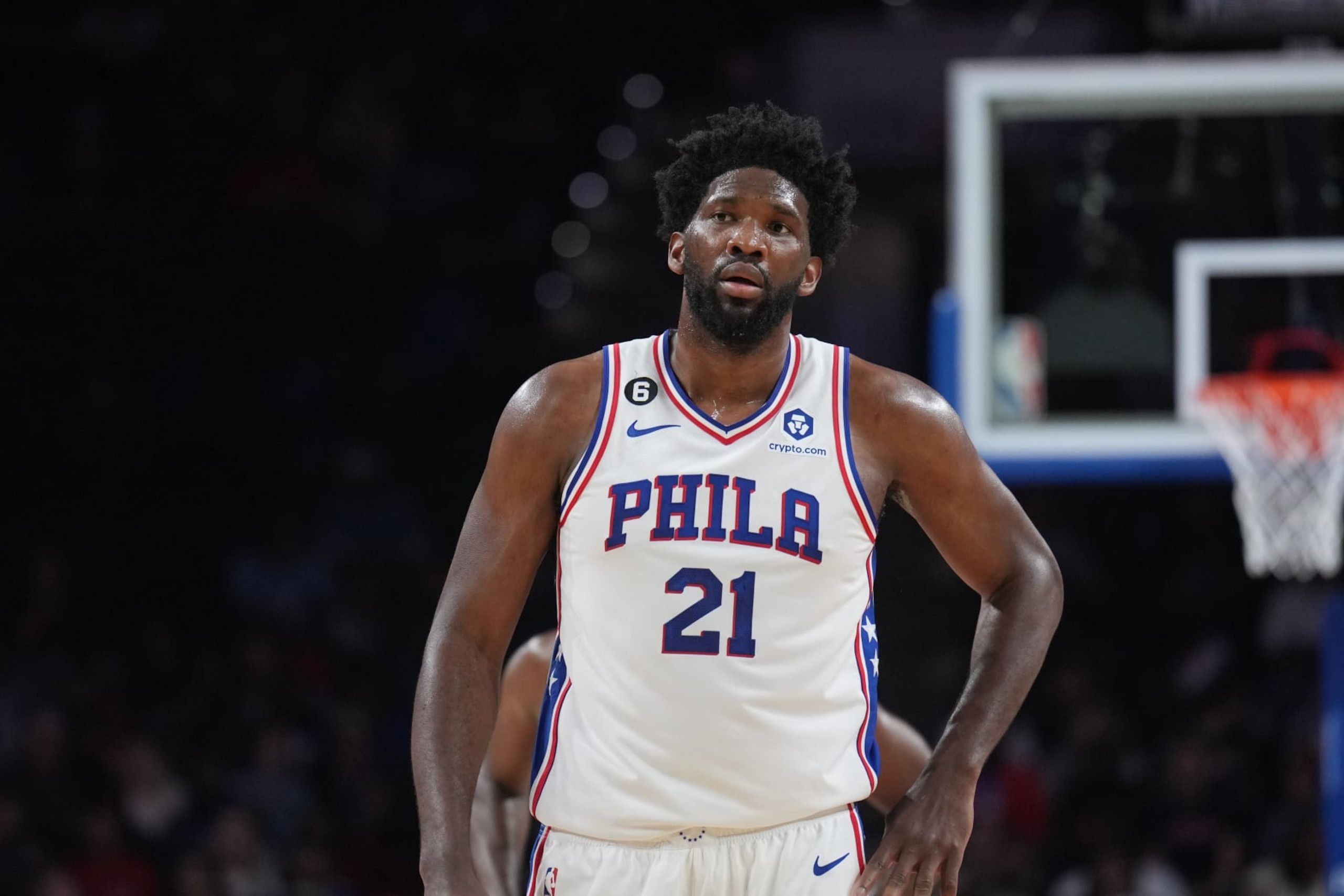 PHILADELPHIA, PA - OCTOBER 5: Joel Embiid #21 of the Philadelphia 76ers looks on during a preseason game against the Cleveland Cavaliers on October 5, 2022 at the Wells Fargo Center in Philadelphia, Pennsylvania NOTE TO USER: User expressly acknowledges and agrees that, by downloading and/or using this Photograph, user is consenting to the terms and conditions of the Getty Images License Agreement. Mandatory Copyright Notice: Copyright 2022 NBAE (Photo by Jesse D. Garrabrant/NBAE via Getty Images)