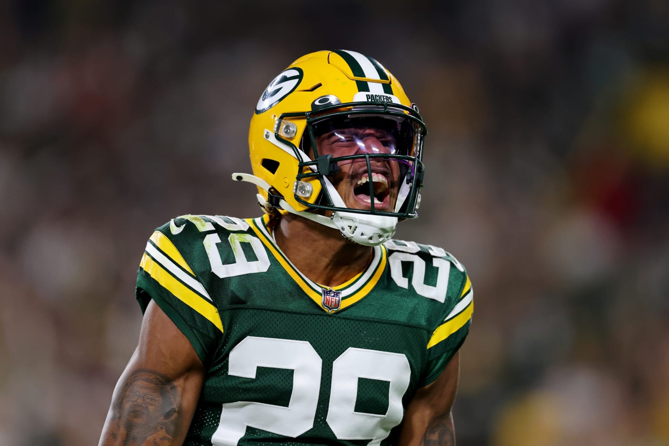 GREEN BAY, WISCONSIN - SEPTEMBER 18: Rasul Douglas #29 of the Green Bay Packers celebrates a tackle during the second quarter in the game against the Chicago Bears at Lambeau Field on September 18, 2022 in Green Bay, Wisconsin. (Photo by Michael Reaves/Getty Images) GREEN BAY, WISCONSIN - SEPTEMBER 18: Rasul Douglas #29 of the Green Bay Packers celebrates a tackle during the second quarter in the game against the Chicago Bears at Lambeau Field on September 18, 2022 in Green Bay, Wisconsin. (Photo by Michael Reaves/Getty Images)