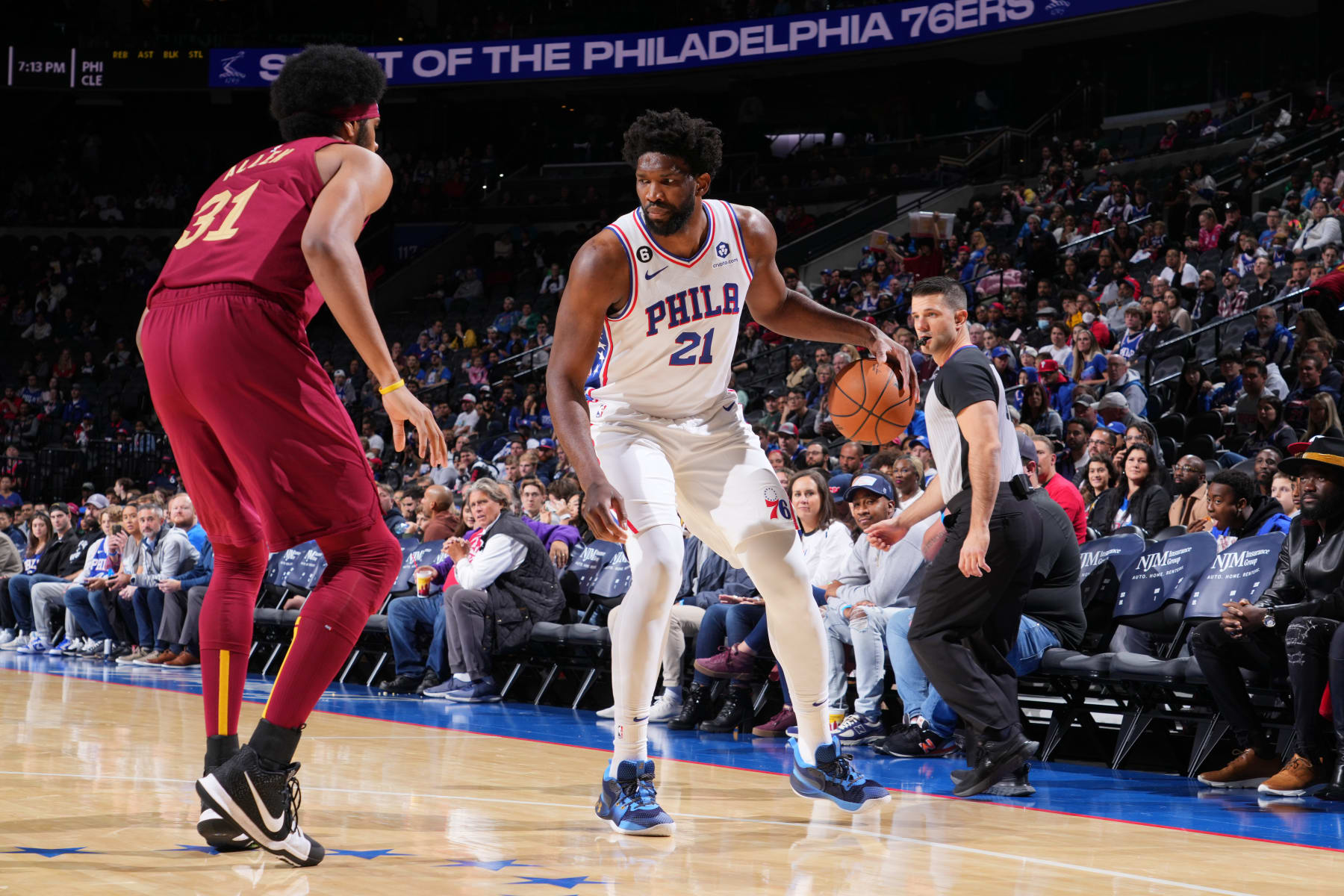 PHILADELPHIA, PA - OCTOBER 5: Joel Embiid #21 of the Philadelphia 76ers looks to pass the ball against the Cleveland Cavaliers during a preseason game on October 5, 2022 at the Wells Fargo Center in Philadelphia, Pennsylvania NOTE TO USER: User expressly acknowledges and agrees that, by downloading and/or using this Photograph, user is consenting to the terms and conditions of the Getty Images License Agreement. Mandatory Copyright Notice: Copyright 2022 NBAE (Photo by Jesse D. Garrabrant/NBAE via Getty Images)