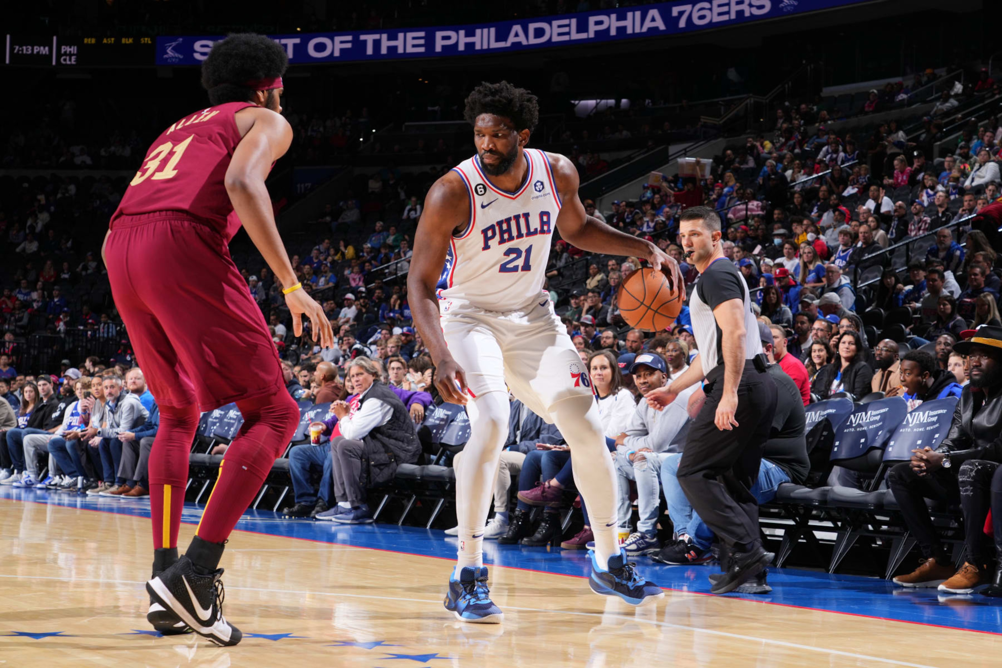 PHILADELPHIA, PA - OCTOBER 5: Joel Embiid #21 of the Philadelphia 76ers looks to pass the ball against the Cleveland Cavaliers during a preseason game on October 5, 2022 at the Wells Fargo Center in Philadelphia, Pennsylvania NOTE TO USER: User expressly acknowledges and agrees that, by downloading and/or using this Photograph, user is consenting to the terms and conditions of the Getty Images License Agreement. Mandatory Copyright Notice: Copyright 2022 NBAE (Photo by Jesse D. Garrabrant/NBAE via Getty Images) PHILADELPHIA, PA - OCTOBER 5: Joel Embiid #21 of the Philadelphia 76ers looks to pass the ball against the Cleveland Cavaliers during a preseason game on October 5, 2022 at the Wells Fargo Center in Philadelphia, Pennsylvania NOTE TO USER: User expressly acknowledges and agrees that, by downloading and/or using this Photograph, user is consenting to the terms and conditions of the Getty Images License Agreement. Mandatory Copyright Notice: Copyright 2022 NBAE (Photo by Jesse D. Garrabrant/NBAE via Getty Images)