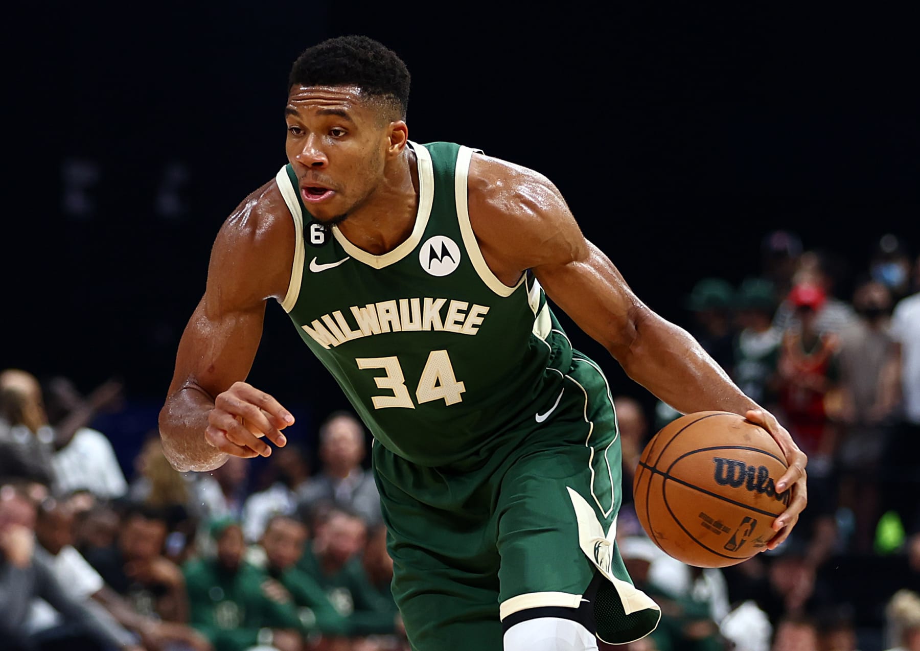 ABU DHABI, UNITED ARAB EMIRATES - OCTOBER 06: Giannis Antetokounmpo#34 of Milwaukee Bucks handles the ball during a preseason NBA game between Atlanta Hawks and Milwaukee Bucks at Etihad Arena on October 06, 2022 in Abu Dhabi, United Arab Emirates. (Photo by Francois Nel/Getty Images)