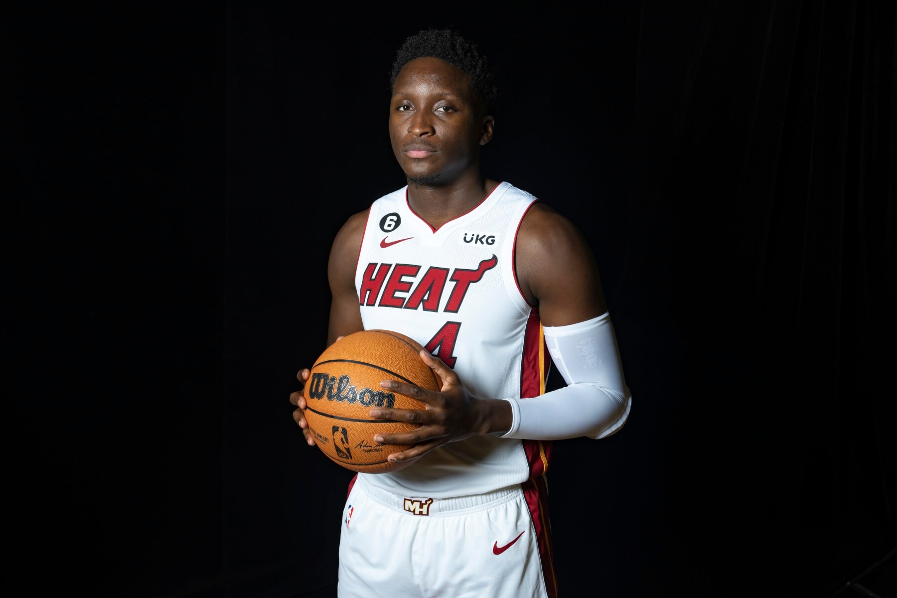 MIAMI, FLORIDA - SEPTEMBER 26: Victor Oladipo #4 of the Miami Heat poses for a portrait during media day at FTX Arena on September 26, 2022 in Miami, Florida. NOTE TO USER: User expressly acknowledges and agrees that, by downloading and/or using this photograph, user is consenting to the terms and conditions of the Getty Images License Agreement. (Photo by Eric Espada/Getty Images)