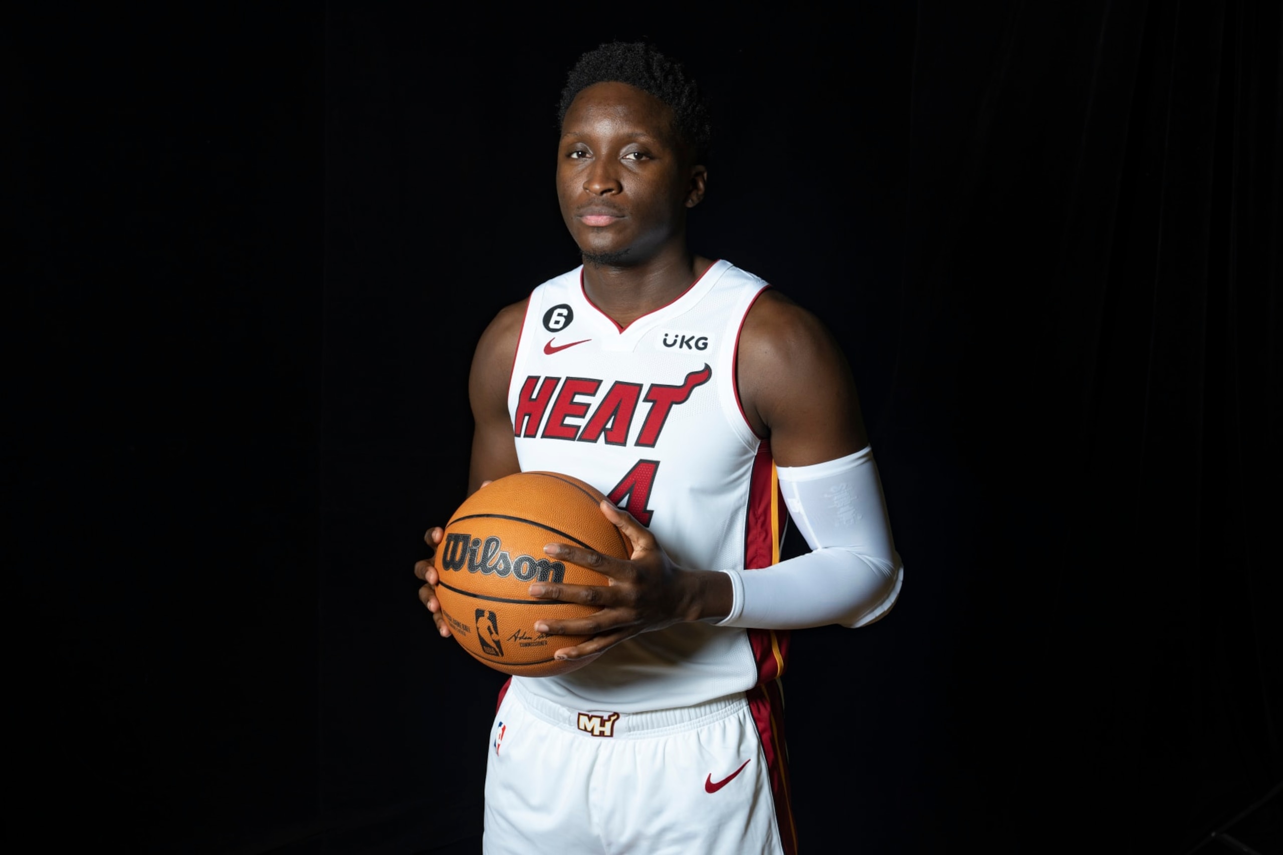 MIAMI, FLORIDA - SEPTEMBER 26: Victor Oladipo #4 of the Miami Heat poses for a portrait during media day at FTX Arena on September 26, 2022 in Miami, Florida. NOTE TO USER: User expressly acknowledges and agrees that, by downloading and/or using this photograph, user is consenting to the terms and conditions of the Getty Images License Agreement. (Photo by Eric Espada/Getty Images)