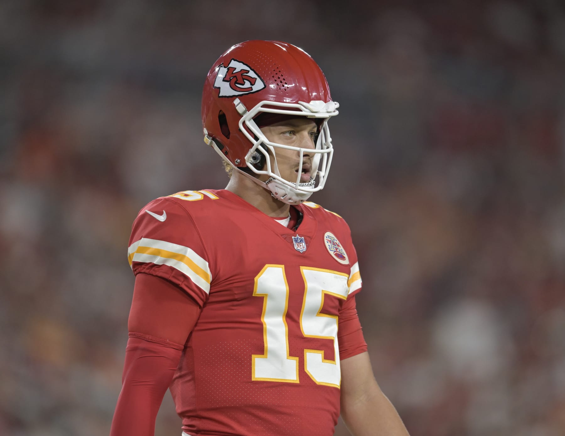 TAMPA, FL - OCTOBER 02: Kansas City Chiefs Quarterback Patrick Mahomes (15) looks towards the sideline for instruction during a game between the Kansas City Chiefs and the Tampa Bay Buccaneers on October 02, 2022, at Raymond James Stadium in Tampa, FL. (Photo by Roy K. Miller/Icon Sportswire via Getty Images)