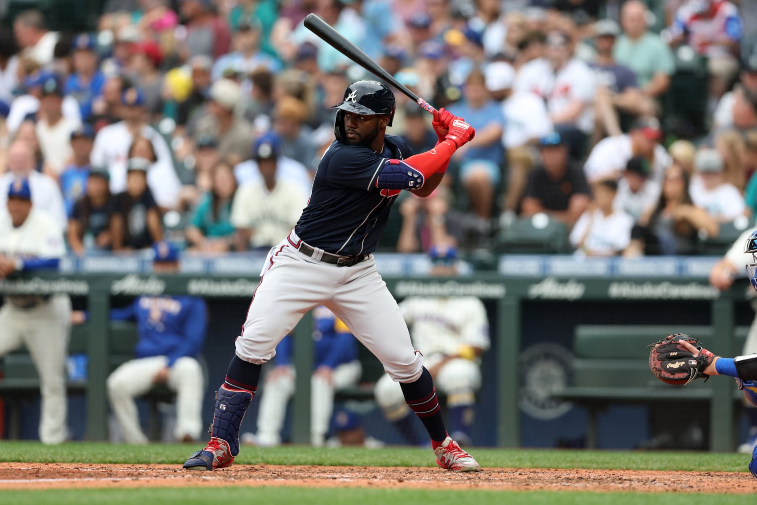 SEATTLE, WA - SEPTEMBER 11:  Michael Harris II #23 of the Atlanta Braves bats during the game against the Seattle Mariners at T-Mobile Park on September 11, 2022 in Seattle, Washington.  The Mariners defeated the Braves 8-7.  (Photo by Rob Leiter/MLB Photos via Getty Images)