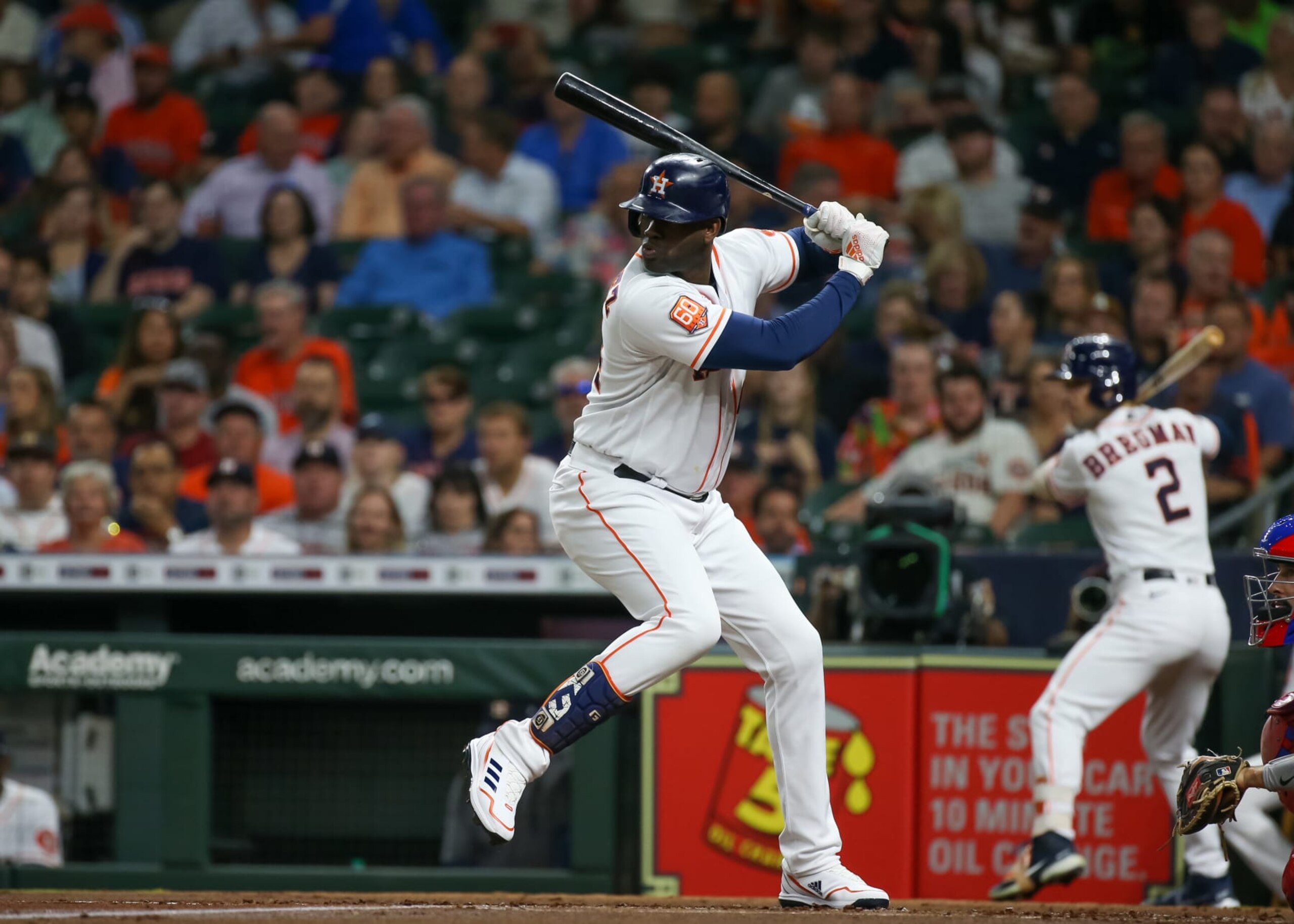 HOUSTON, TX - OCTOBER 04:  Houston Astros designated hitter Yordan Alvarez (44) watches the pitch in the bottom of the first inning during the MLB game between the Philadelphia Phillies and Houston Astros on October 4, 2022 at Minute Maid Park in Houston, Texas.  (Photo by Leslie Plaza Johnson/Icon Sportswire via Getty Images)