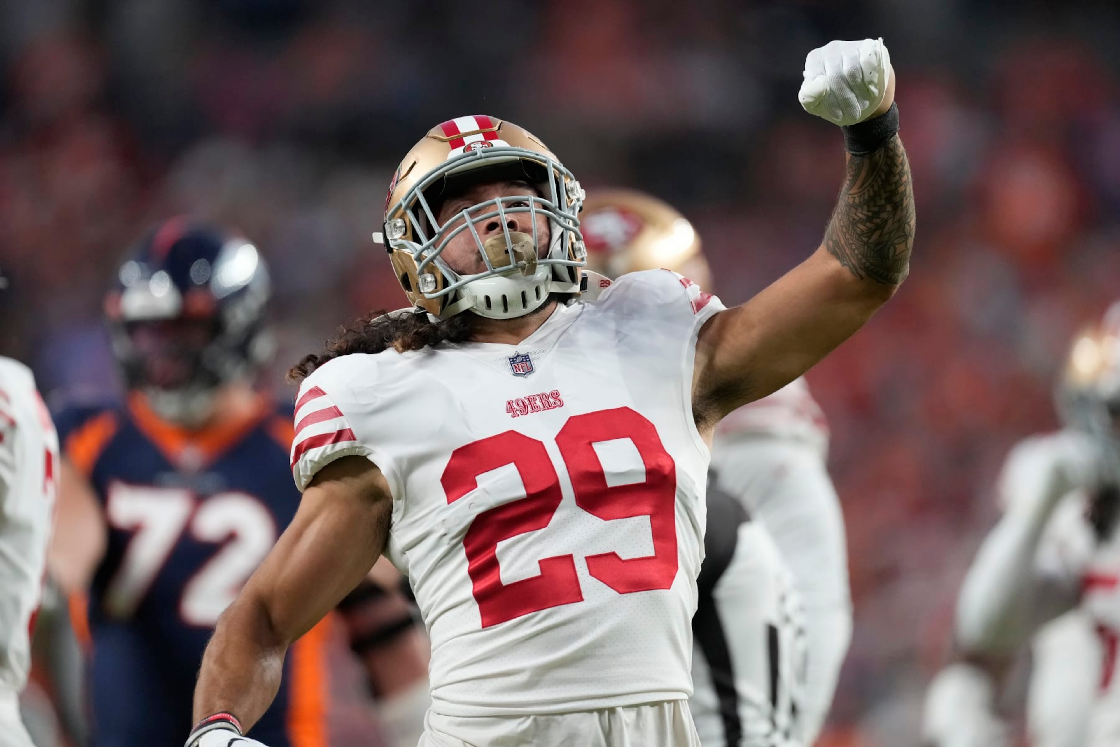 San Francisco 49ers safety Talanoa Hufanga (29) against the Denver Broncos during the first half of an NFL football game in Denver, Sunday, Sept. 25, 2022. (AP Photo/David Zalubowski) San Francisco 49ers safety Talanoa Hufanga (29) against the Denver Broncos during the first half of an NFL football game in Denver, Sunday, Sept. 25, 2022. (AP Photo/David Zalubowski)