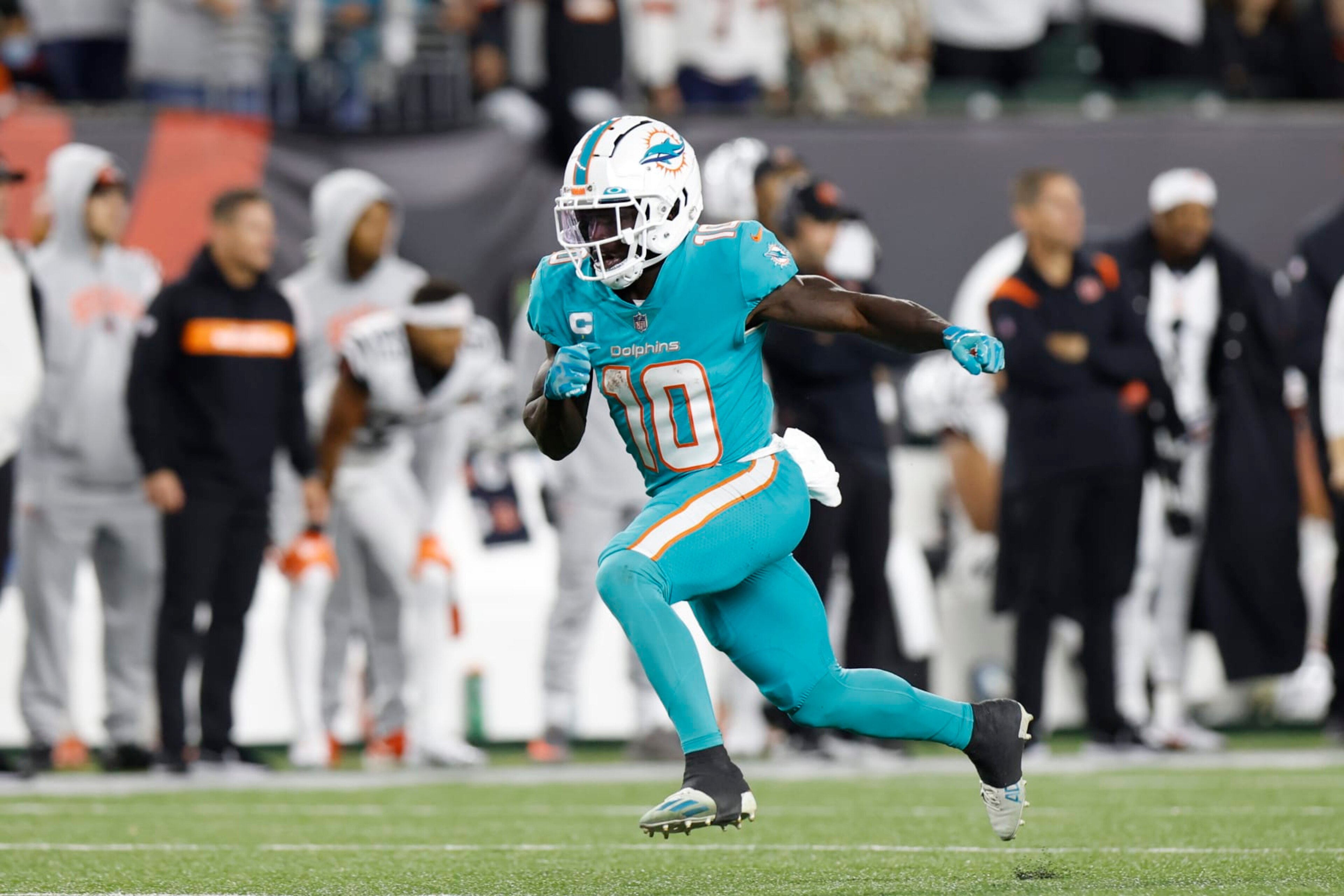 Miami Dolphins wide receiver Tyreek Hill (10) runs a pass route during an NFL football game against the Cincinnati Bengals on Thursday, September 29, 2022, in Cincinnati. (AP Photo/Matt Patterson) Miami Dolphins wide receiver Tyreek Hill (10) runs a pass route during an NFL football game against the Cincinnati Bengals on Thursday, September 29, 2022, in Cincinnati. (AP Photo/Matt Patterson)