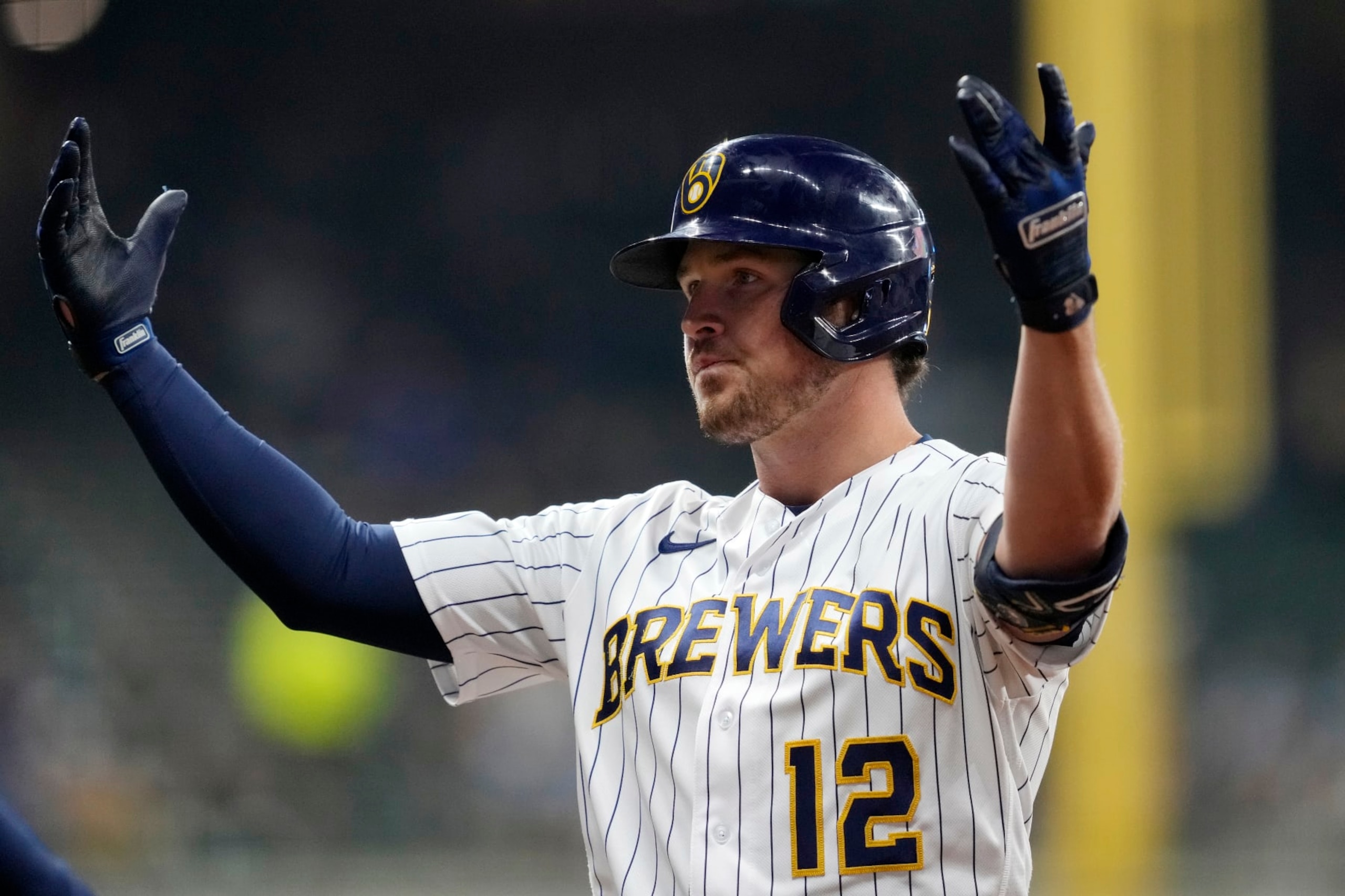 MILWAUKEE, WISCONSIN - OCTOBER 01: Hunter Renfroe #12 of the Milwaukee Brewers celebrates after hitting a single against the Miami Marlins in the sixth inning at American Family Field on October 01, 2022 in Milwaukee, Wisconsin. (Photo by Patrick McDermott/Getty Images) MILWAUKEE, WISCONSIN - OCTOBER 01: Hunter Renfroe #12 of the Milwaukee Brewers celebrates after hitting a single against the Miami Marlins in the sixth inning at American Family Field on October 01, 2022 in Milwaukee, Wisconsin. (Photo by Patrick McDermott/Getty Images)