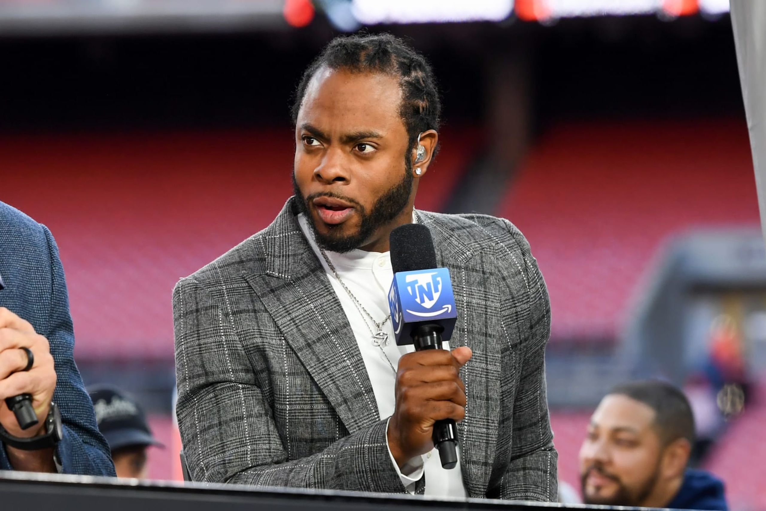 CLEVELAND, OH - SEPTEMBER 22: Former NFL cornerback and Thursday Night Football analyst Richard Sherman takes part in a segment prior to a game between the Pittsburgh Steelers and the Cleveland Browns at FirstEnergy Stadium on September 22, 2022 in Cleveland, Ohio. (Photo by Nick Cammett/Diamond Images via Getty Images)