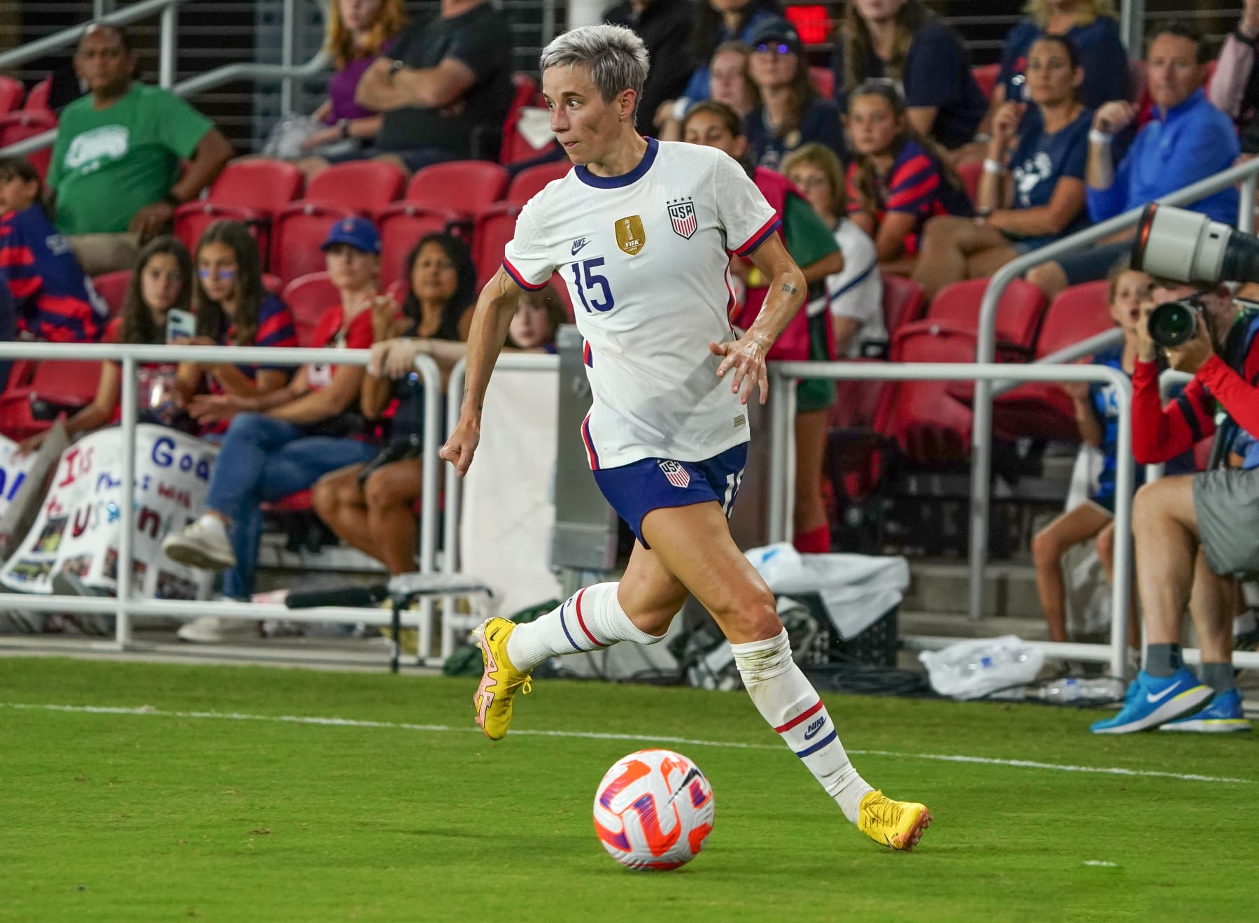 WASHINGTON, DC - SEPTEMBER 6: USWNT forward Megan Rapinoe (15) on the attack during a game between Nigeria and USWNT at Audi Field on September 6, 2022 in Washington, DC. (Photo by Tony Quinn/ISI Photos/Getty Images)