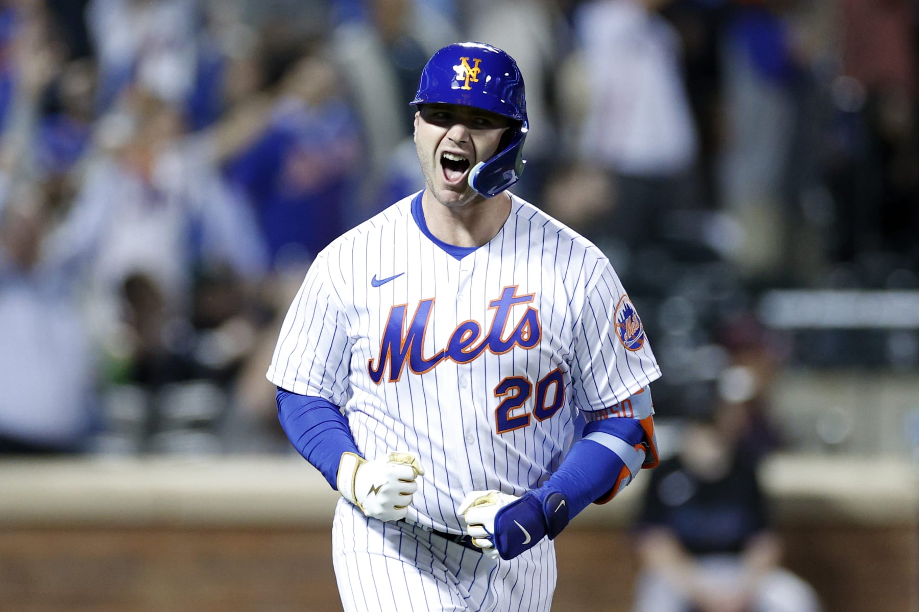 NEW YORK, NEW YORK - SEPTEMBER 27: Pete Alonso #20 of the New York Mets reacts after hitting a three-run home run during the fourth inning against the Miami Marlins at Citi Field on September 27, 2022 in the Queens borough of New York City. (Photo by Sarah Stier/Getty Images)