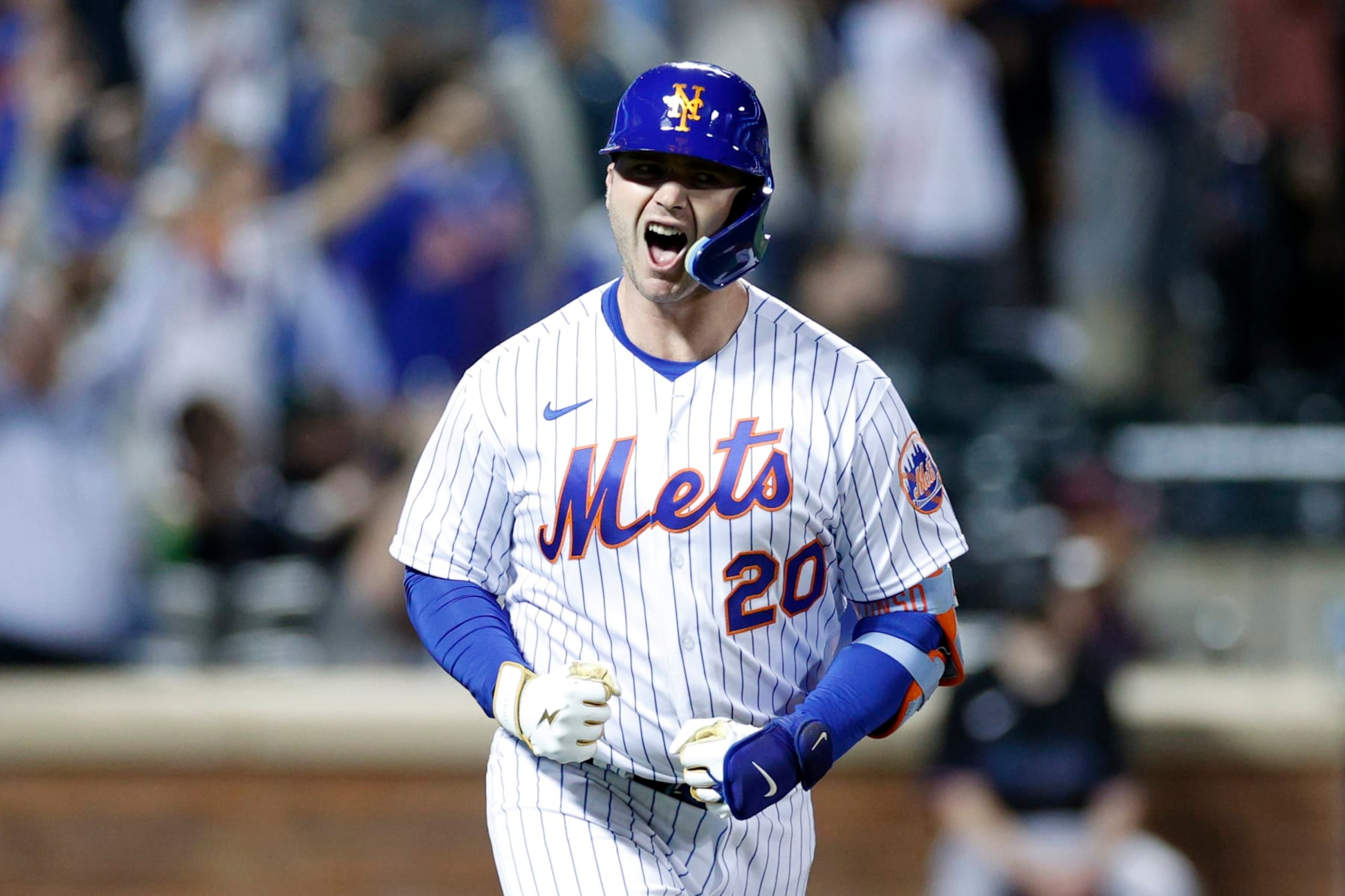 NEW YORK, NEW YORK - SEPTEMBER 27: Pete Alonso #20 of the New York Mets reacts after hitting a three-run home run during the fourth inning against the Miami Marlins at Citi Field on September 27, 2022 in the Queens borough of New York City. (Photo by Sarah Stier/Getty Images)