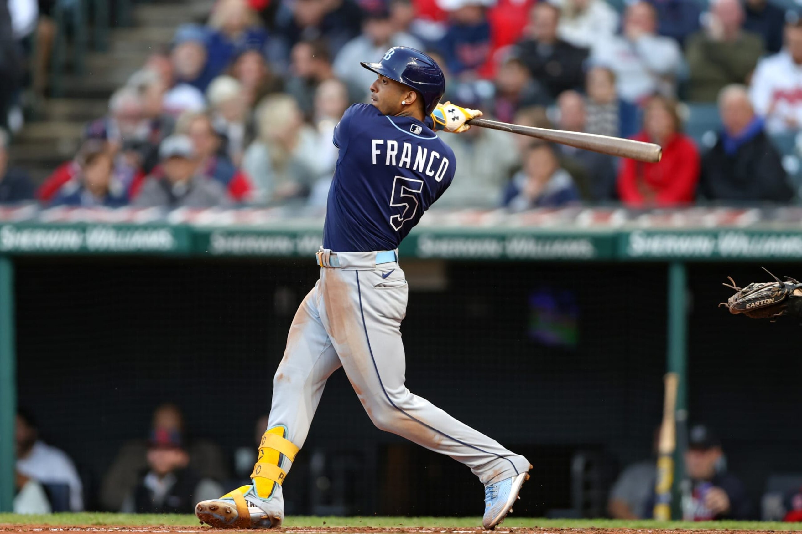 CLEVELAND, OH - SEPTEMBER 29: Tampa Bay Rays shortstop Wander Franco (5) singles during the third inning of the Major League Baseball game between the Tampa Bay Rays and Cleveland Guardians on September 29, 2022, at Progressive Field in Cleveland, OH. (Photo by Frank Jansky/Icon Sportswire via Getty Images)