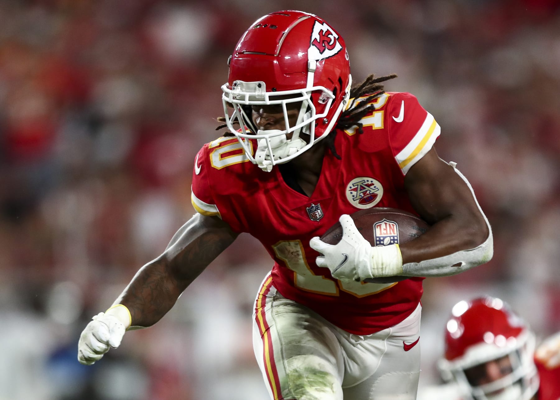 TAMPA, FL - OCTOBER 2: Isiah Pacheco #10 of the Kansas City Chiefs carries the ball during an NFL football game against the Tampa Bay Buccaneers at Raymond James Stadium on October 2, 2022 in Tampa, Florida. (Photo by Kevin Sabitus/Getty Images)