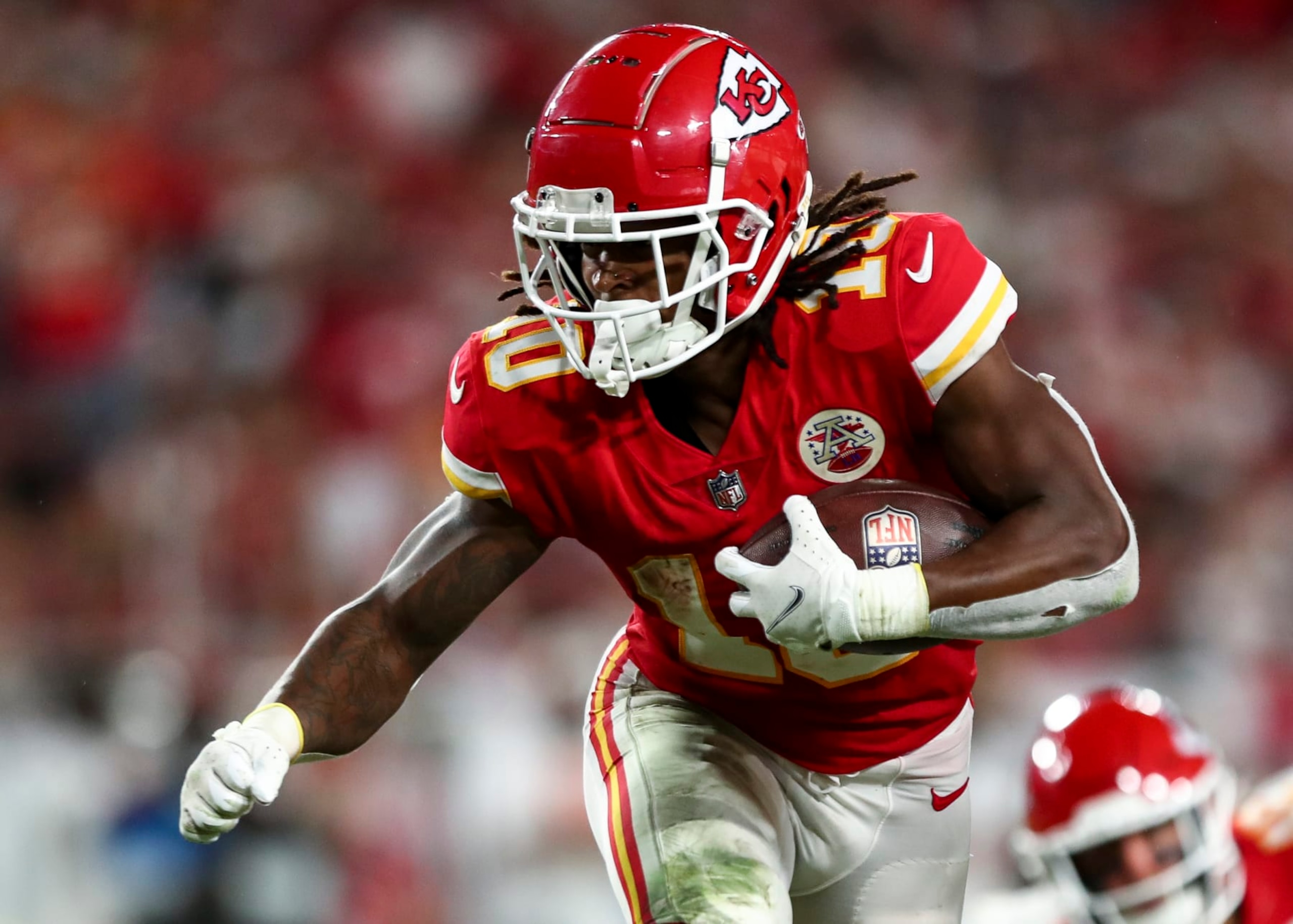 TAMPA, FL - OCTOBER 2: Isiah Pacheco #10 of the Kansas City Chiefs carries the ball during an NFL football game against the Tampa Bay Buccaneers at Raymond James Stadium on October 2, 2022 in Tampa, Florida. (Photo by Kevin Sabitus/Getty Images)