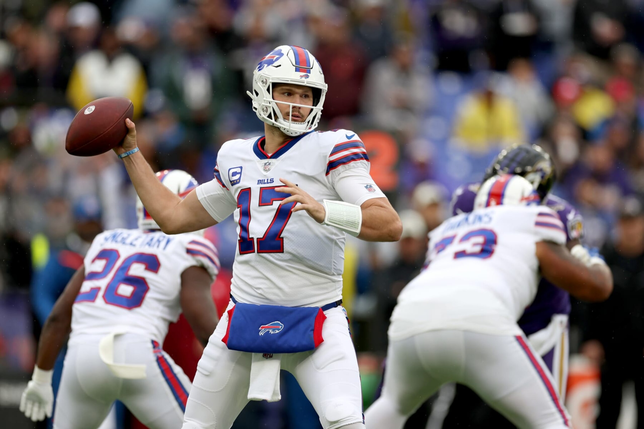 BALTIMORE, MARYLAND - OCTOBER 02: Quarterback Josh Allen #17 of the Buffalo Bills throws a first half pass against the Baltimore Ravens at M&T Bank Stadium on October 02, 2022 in Baltimore, Maryland. (Photo by Rob Carr/Getty Images)