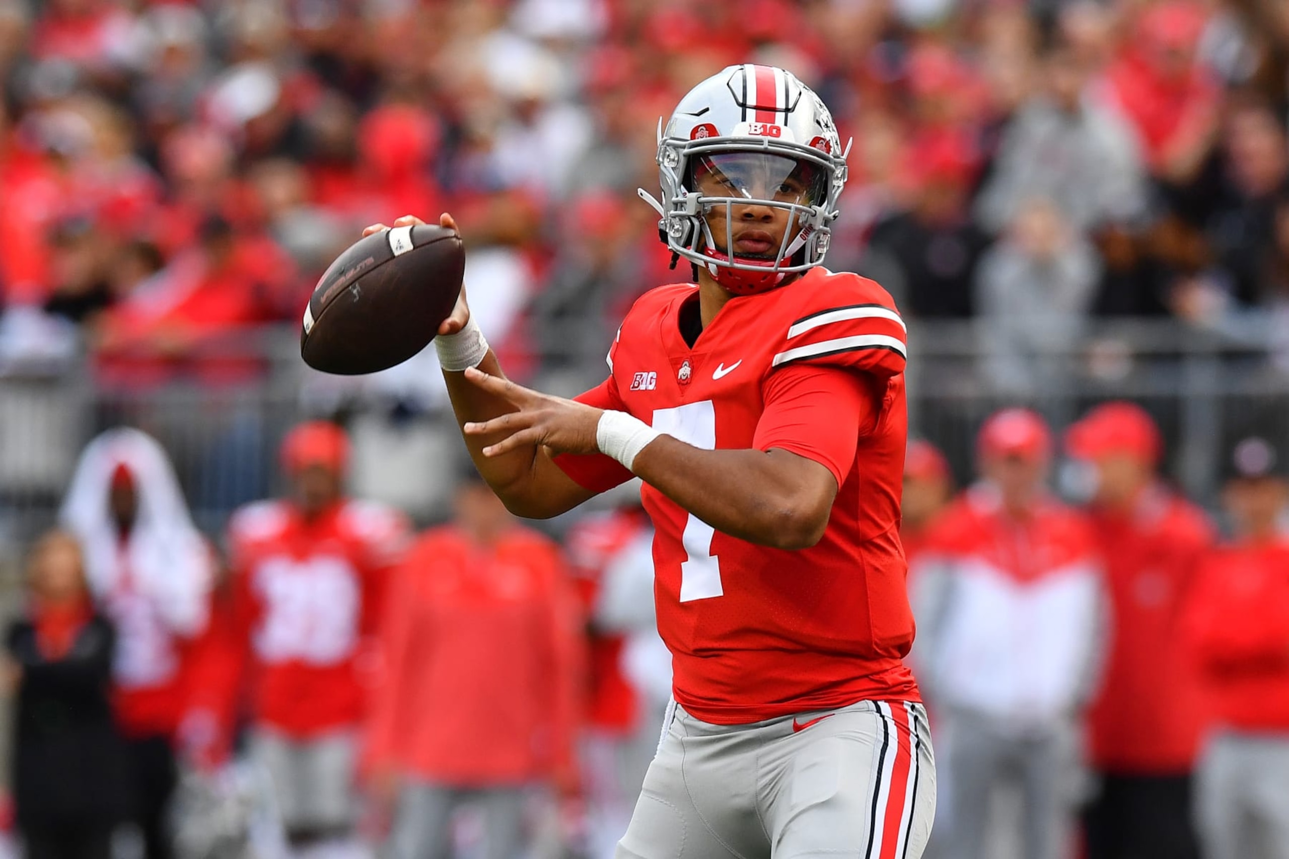 COLUMBUS, OHIO - OCTOBER 01: C.J. Stroud #7 of the Ohio State Buckeyes looks to pass during the third quarter of a game against the Rutgers Scarlet Knights at Ohio Stadium on October 01, 2022 in Columbus, Ohio. (Photo by Ben Jackson/Getty Images)