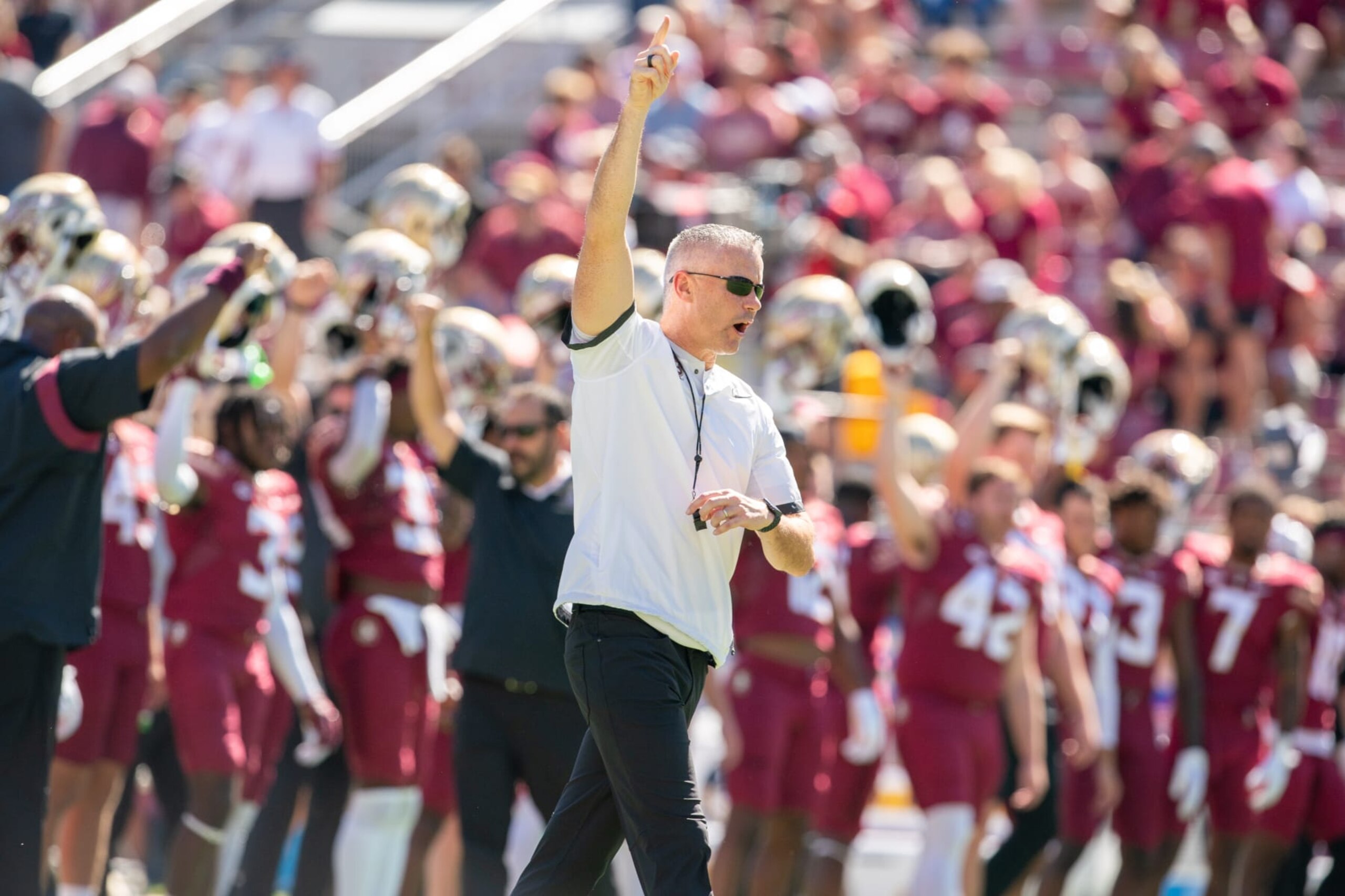 TALLAHASSEE, FL - OCTOBER 01: Florida State Seminoles head coach Mike Norvell leads his team  during a college football game between the Florida State Seminoles and the Wake Forest Demon Deacons on October 01, 2022, at Bobby Bowden Field At Doak Campbell Stadium in Tallahassee, FL. (Photo by Chris Leduc/Icon Sportswire via Getty Images)