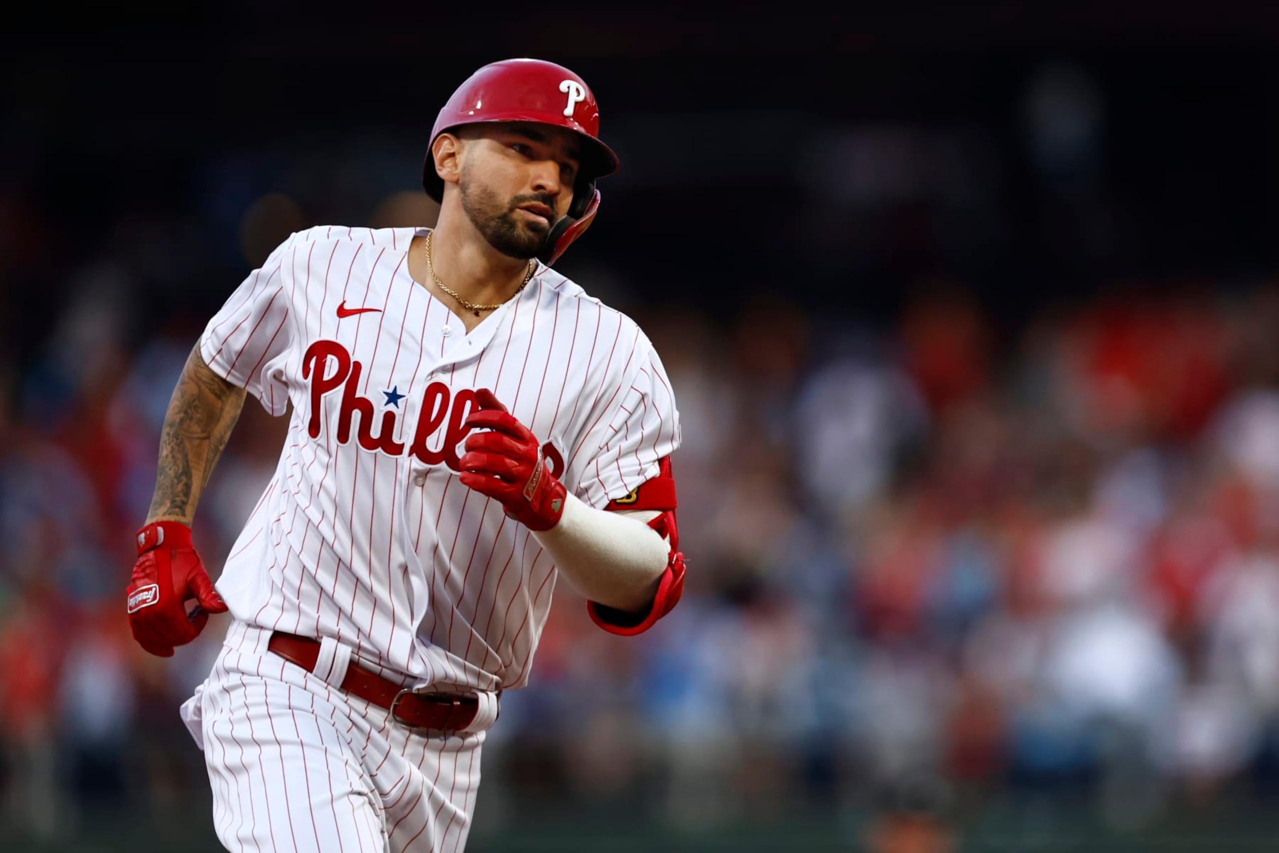 PHILADELPHIA, PA - AUGUST 27: Nick Castellanos #8 of the Philadelphia Phillies rounds the bases after hitting a home run during the third inning of a game at Citizens Bank Park on August 27, 2022 in Philadelphia, Pennsylvania. The Phillies defeated the Pirates 6-0. (Photo by Rich Schultz/Getty Images)