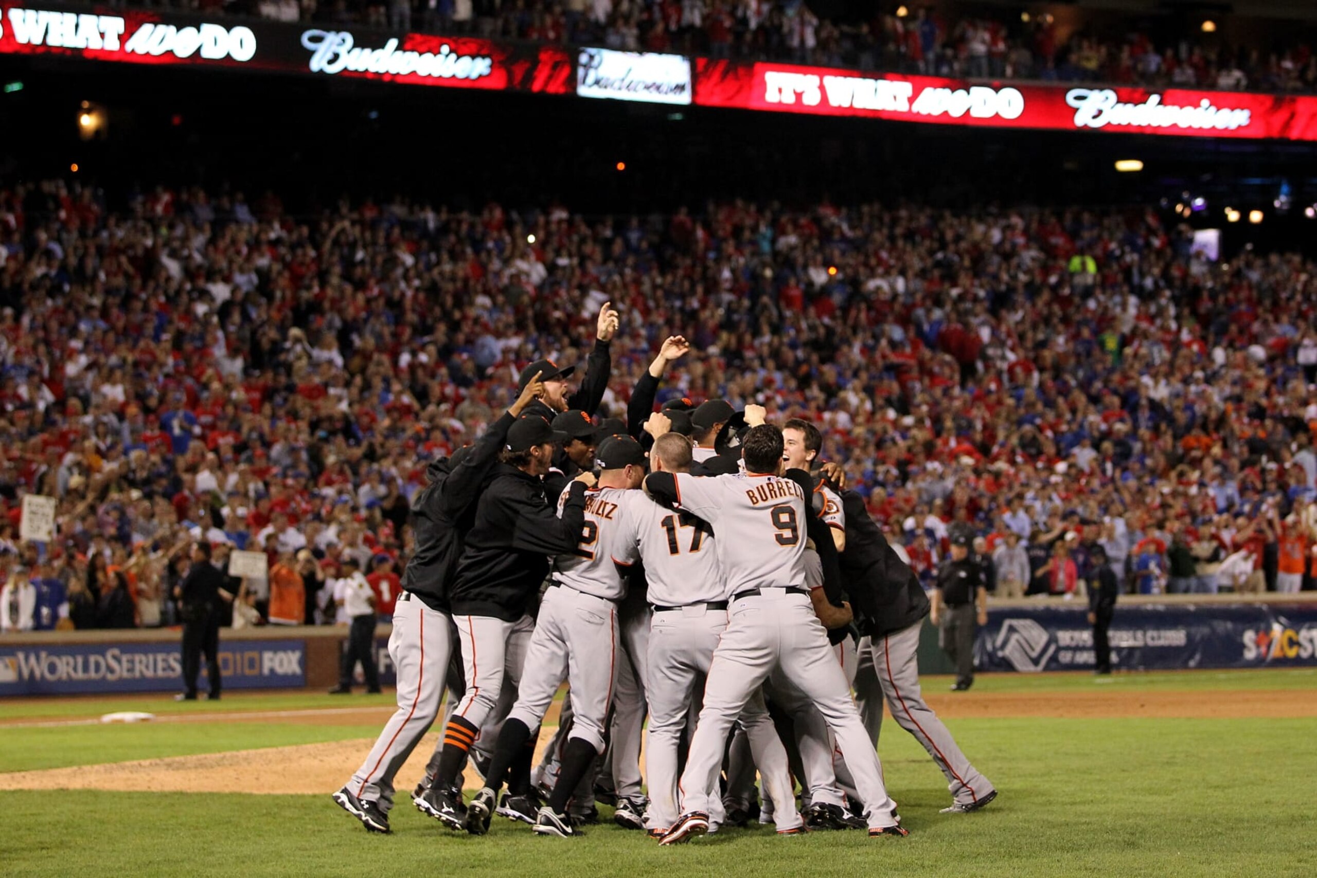 ARLINGTON, TX - NOVEMBER 01:  The San Francisco Giants celebrate their 3-1 victory to win the World Series over the Texas Rangers in Game Five of the 2010 MLB World Series at Rangers Ballpark in Arlington on November 1, 2010 in Arlington, Texas.  (Photo by Ronald Martinez/Getty Images)