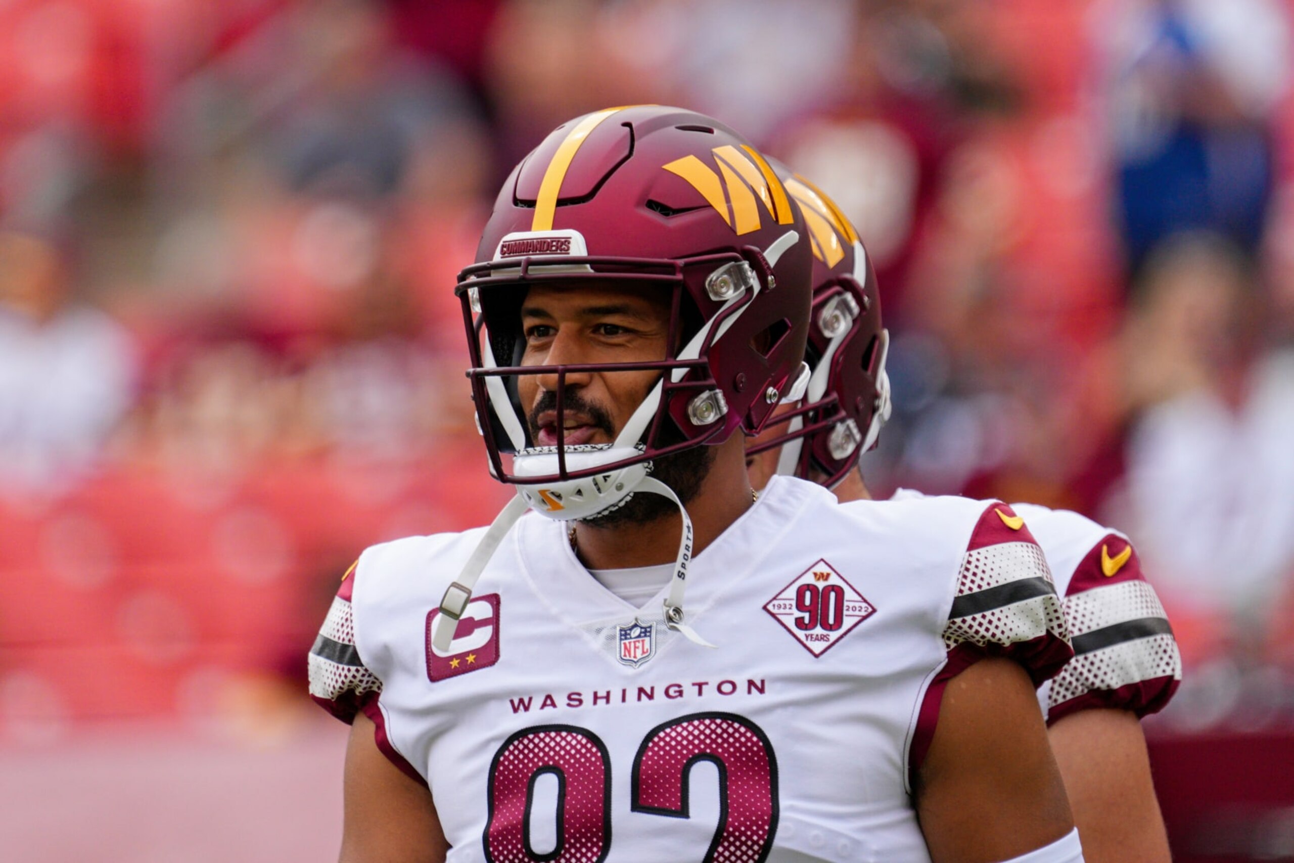 LANDOVER, MD - SEPTEMBER 25: Washington Commanders tight end Logan Thomas (82) looks on during the game between the Philadelphia Eagles and the Washington Commanders on September 25, 2022 at Fedex Field in Landover, MD. (Photo by Andy Lewis/Icon Sportswire via Getty Images)