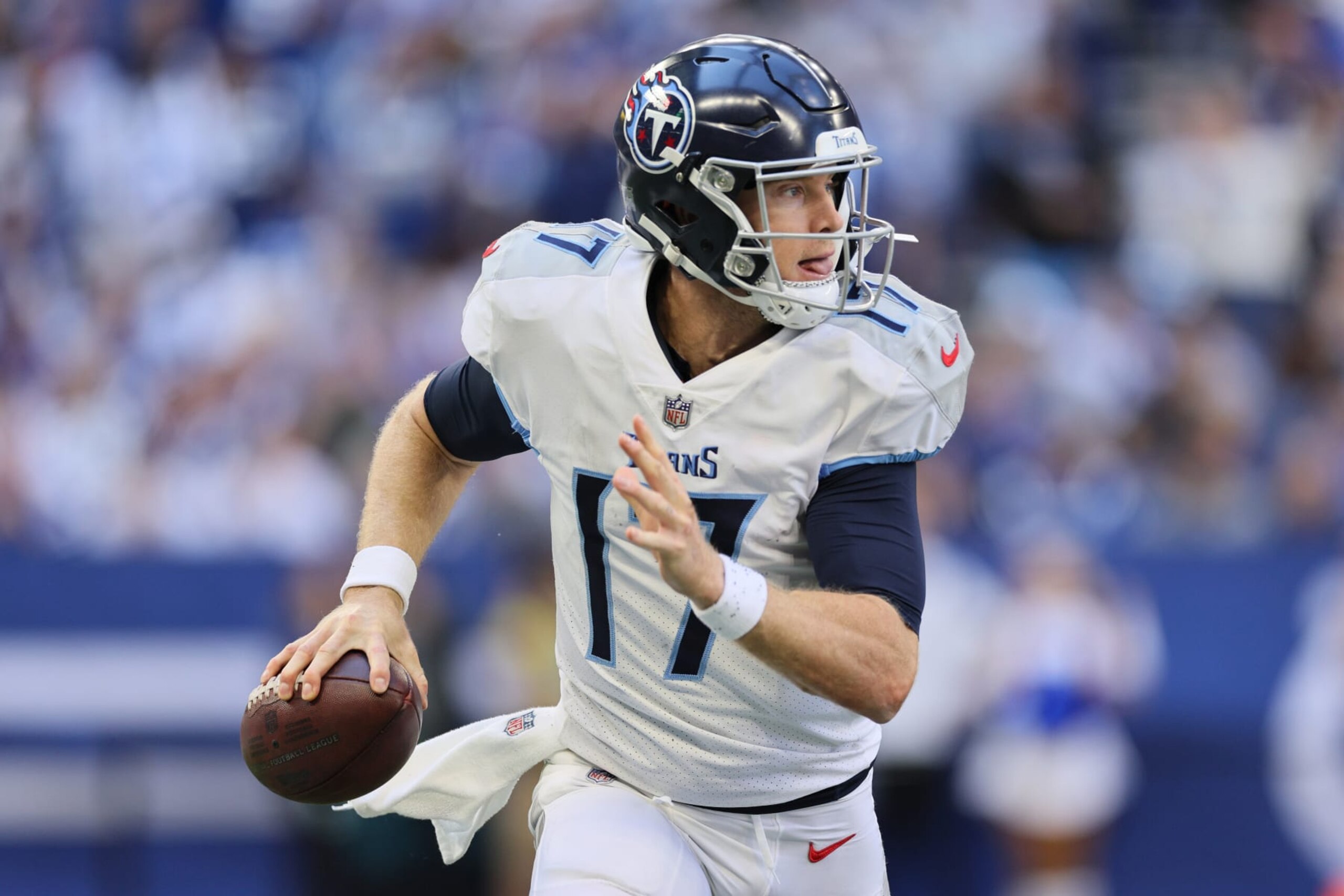 INDIANAPOLIS, INDIANA - OCTOBER 02: Ryan Tannehill #17 of the Tennessee Titans attempts a pass during the fourth quarter against the Indianapolis Colts at Lucas Oil Stadium on October 02, 2022 in Indianapolis, Indiana. (Photo by Andy Lyons/Getty Images)