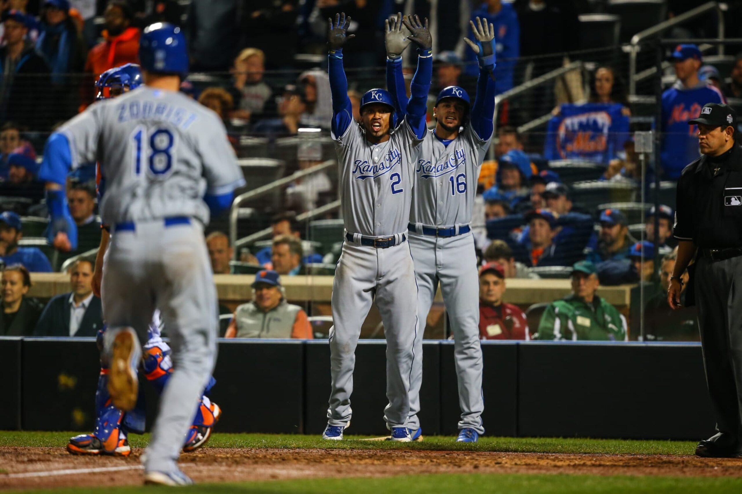 01 NOV 2015:Kansas City Royals shortstop Alcides Escobar (2) and Kansas City Royals right fielder Paulo Orlando (16) wait for Kansas City Royals second baseman Ben Zobrist (18) to score during Game 5 of the 2015 World Series between the New York Mets and the Kansas City Royals played at Citi Field in Flushing,NY. (Photo by Rich Graessle/Icon Sportswire) (Photo by Rich Graessle/Icon Sportswire/Corbis/Icon Sportswire via Getty Images)