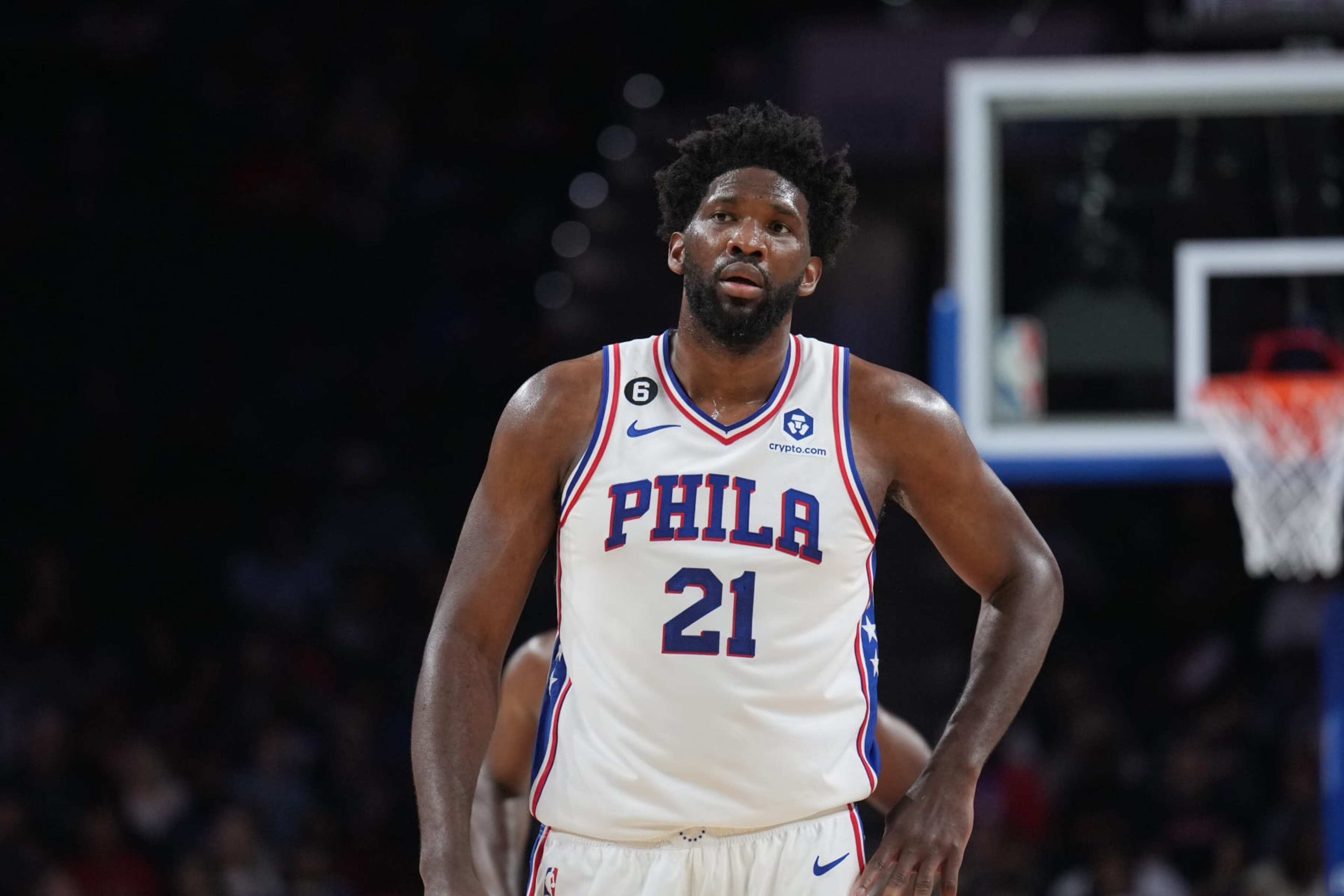 PHILADELPHIA, PA - OCTOBER 5: Joel Embiid #21 of the Philadelphia 76ers looks on during a preseason game against the Cleveland Cavaliers on October 5, 2022 at the Wells Fargo Center in Philadelphia, Pennsylvania NOTE TO USER: User expressly acknowledges and agrees that, by downloading and/or using this Photograph, user is consenting to the terms and conditions of the Getty Images License Agreement. Mandatory Copyright Notice: Copyright 2022 NBAE (Photo by Jesse D. Garrabrant/NBAE via Getty Images)