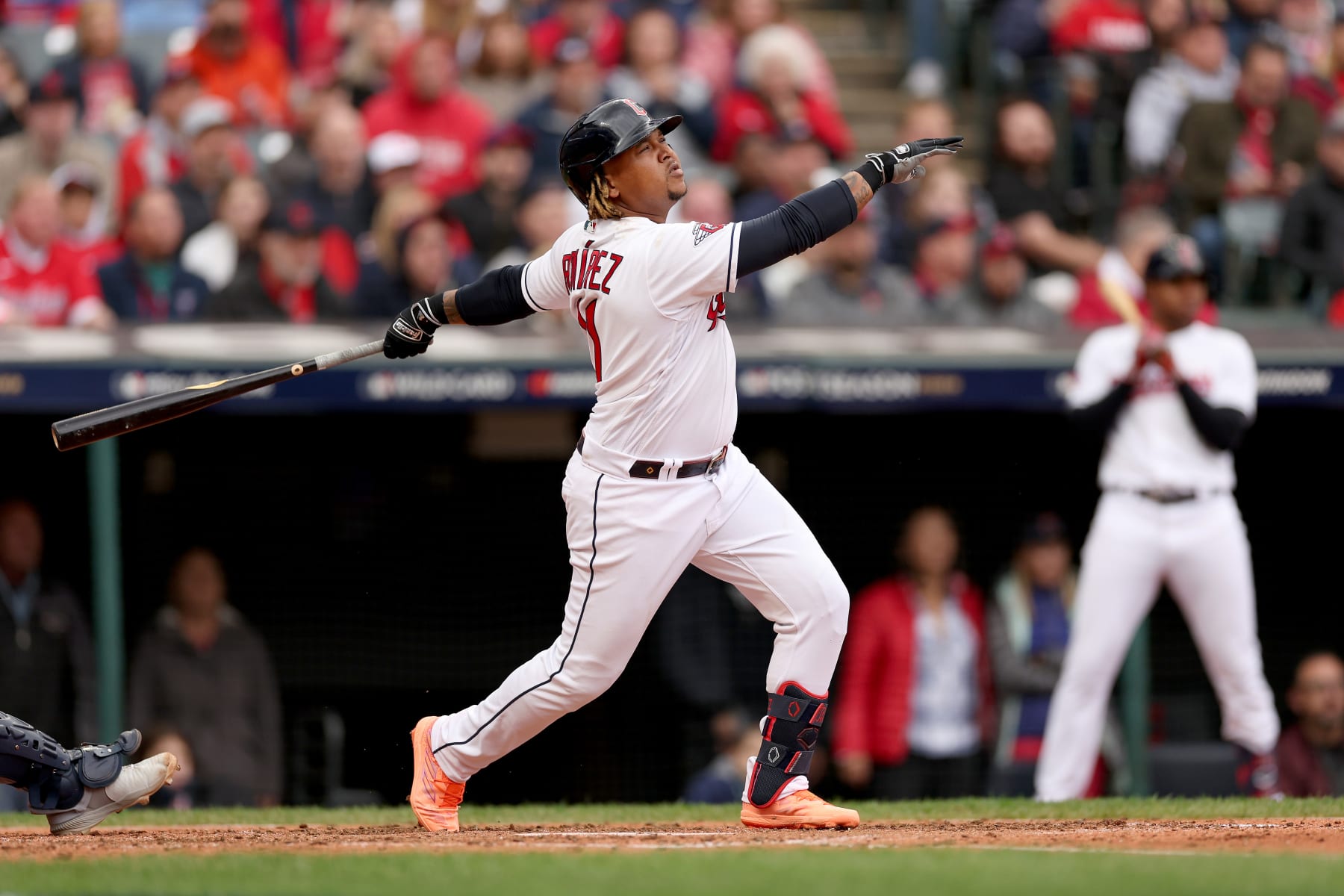 CLEVELAND, OHIO - OCTOBER 07: Jose Ramirez #11 of the Cleveland Guardians hits a two RBI home run in the sixth inning against the Tampa Bay Rays in game one of the Wild Card Series at Progressive Field on October 07, 2022 in Cleveland, Ohio. (Photo by Patrick Smith/Getty Images)