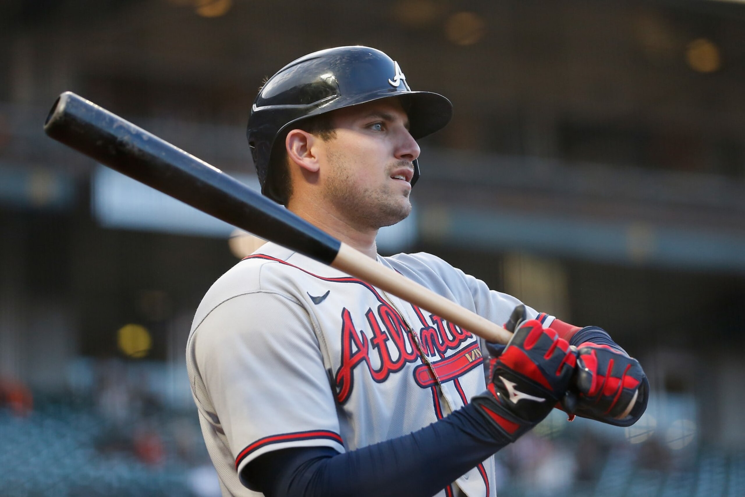 SAN FRANCISCO, CALIFORNIA - SEPTEMBER 12: Austin Riley #27 of the Atlanta Braves warms up in the on-deck circle during the game against the San Francisco Giants at Oracle Park on September 12, 2022 in San Francisco, California. (Photo by Lachlan Cunningham/Getty Images)