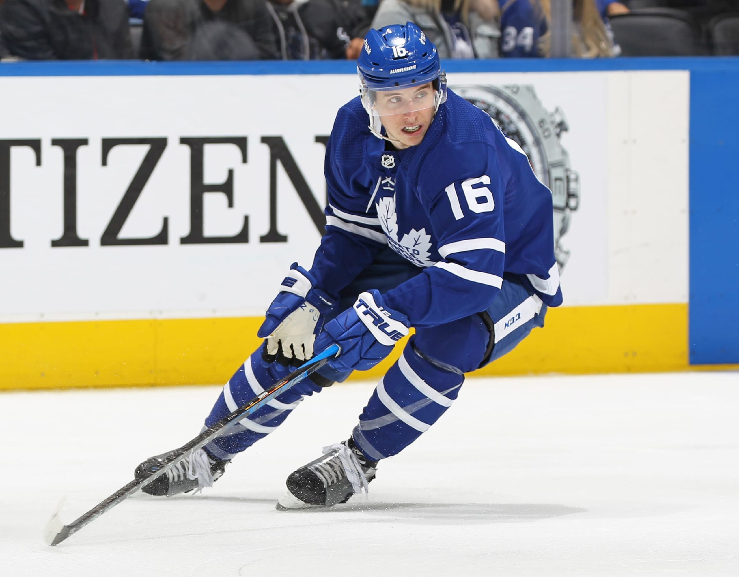 TORONTO, ON - MAY 4:  Mitchell Marner #16 of the Toronto Maple Leafs skates against the Tampa Bay Lightning during Game Two of the First Round of the 2022 Stanley Cup Playoffs at Scotiabank Arena on May 4, 2022 in Toronto, Ontario, Canada. The Lightning defeated the Maple Leafs 5-3. (Photo by Claus Andersen/Getty Images)