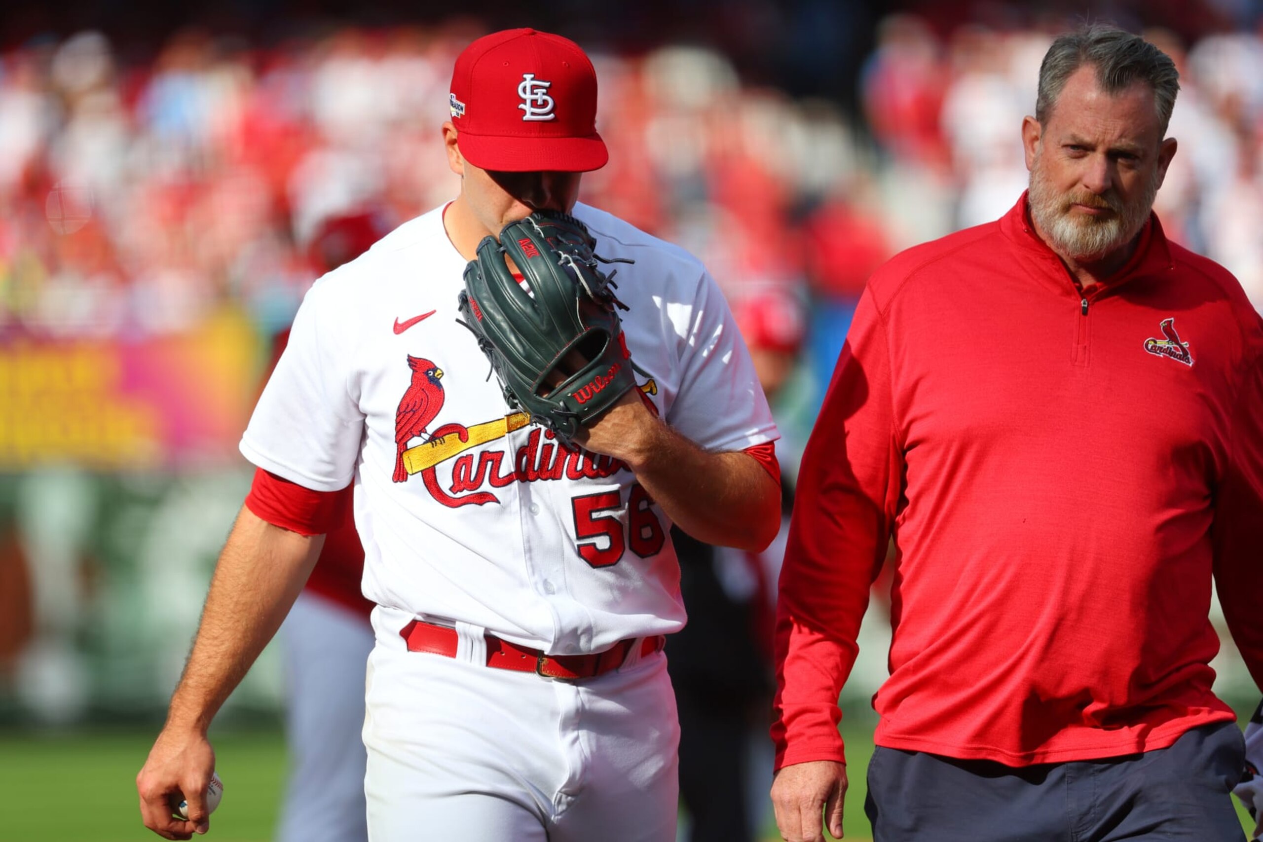ST. LOUIS, MO - OCTOBER 07:  Ryan Helsley #56 of the St. Louis Cardinals is taken out of the game in the ninth inning during the Wild Card Series game between the Philadelphia Phillies and the St. Louis Cardinals at Busch Stadium on Friday, October 7, 2022 in St. Louis, Missouri. (Photo by Dilip Vishwanat/MLB Photos via Getty Images)