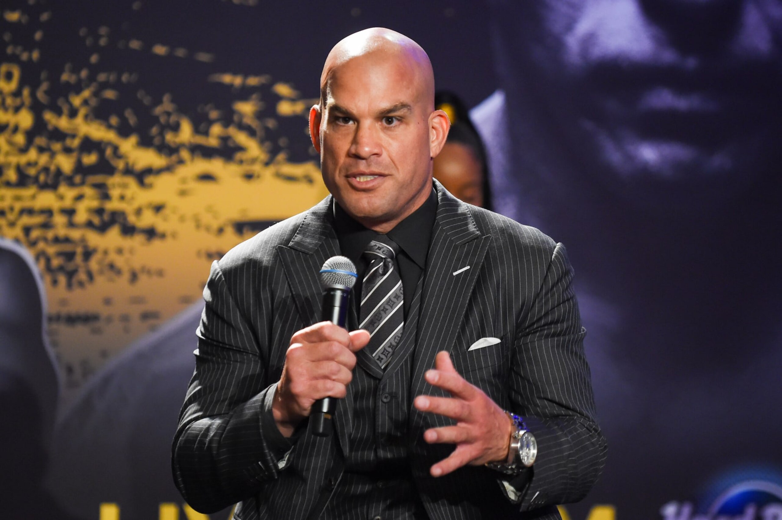 FORT LAUDERDALE, FL - SEPTEMBER 09: Tito Ortiz speaks during a press conference ahead of his cruiserweight fight against Anderson Silva on September 11 at The Harbor Beach Marriott on September 9, 2021 in Fort Lauderdale, Florida. (Photo by Eric Espada/Getty Images)