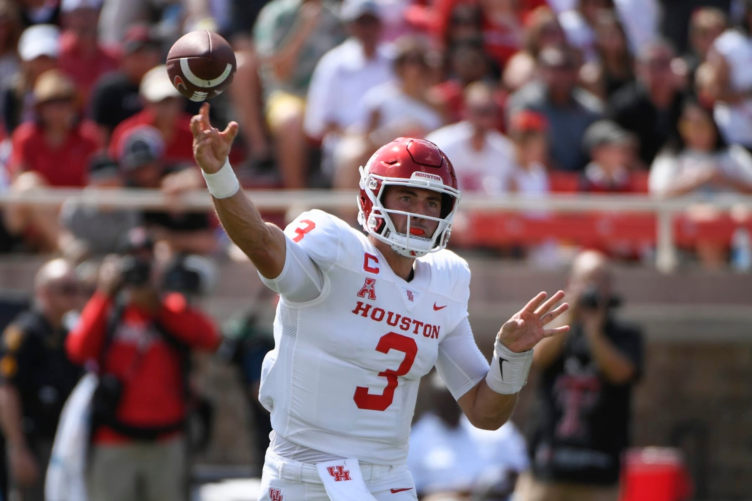 Houston quarterback Clayton Tune (3) throughs pass attempt against Texas Tech during the first half of an NCAA college football game Saturday, Sept. 10, 2022, in Lubbock, Texas. (AP Photo/Justin Rex) Houston quarterback Clayton Tune (3) throughs pass attempt against Texas Tech during the first half of an NCAA college football game Saturday, Sept. 10, 2022, in Lubbock, Texas. (AP Photo/Justin Rex)