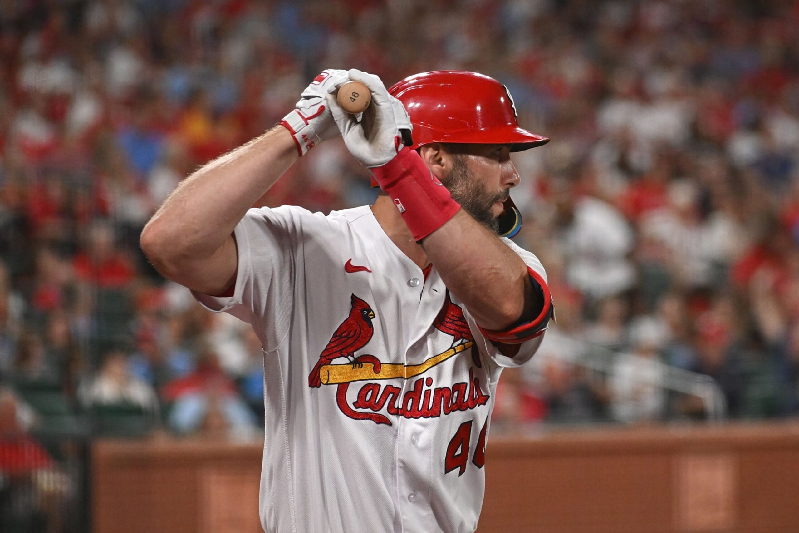ST LOUIS, MO - SEPTEMBER 16: Paul Goldschmidt #46 of the St. Louis Cardinals on the on deck circle during a game against the St. Louis Cardinals at Busch Stadium on September 16, 2022 in St Louis, Missouri. (Photo by Joe Puetz/Getty Images)