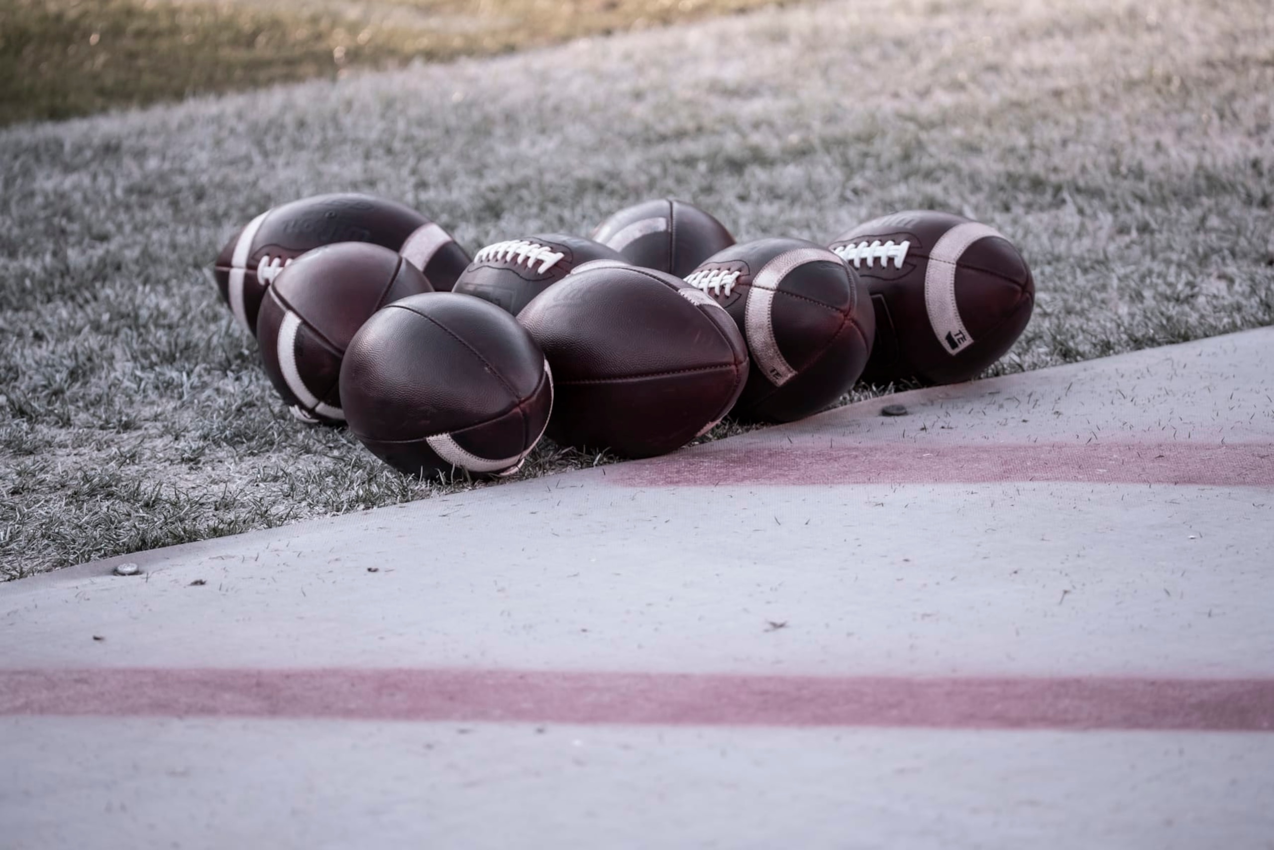 PALO ALTO, CA - NOVEMBER 20:  A detail view of footballs on the field at Stanford Stadium before the 124th Big Game between the Stanford Cardinal and the California Golden Bears played on November 20, 2021 at Stanford Stadium in Palo Alto, California.  (Photo by David Madison/Getty Images)