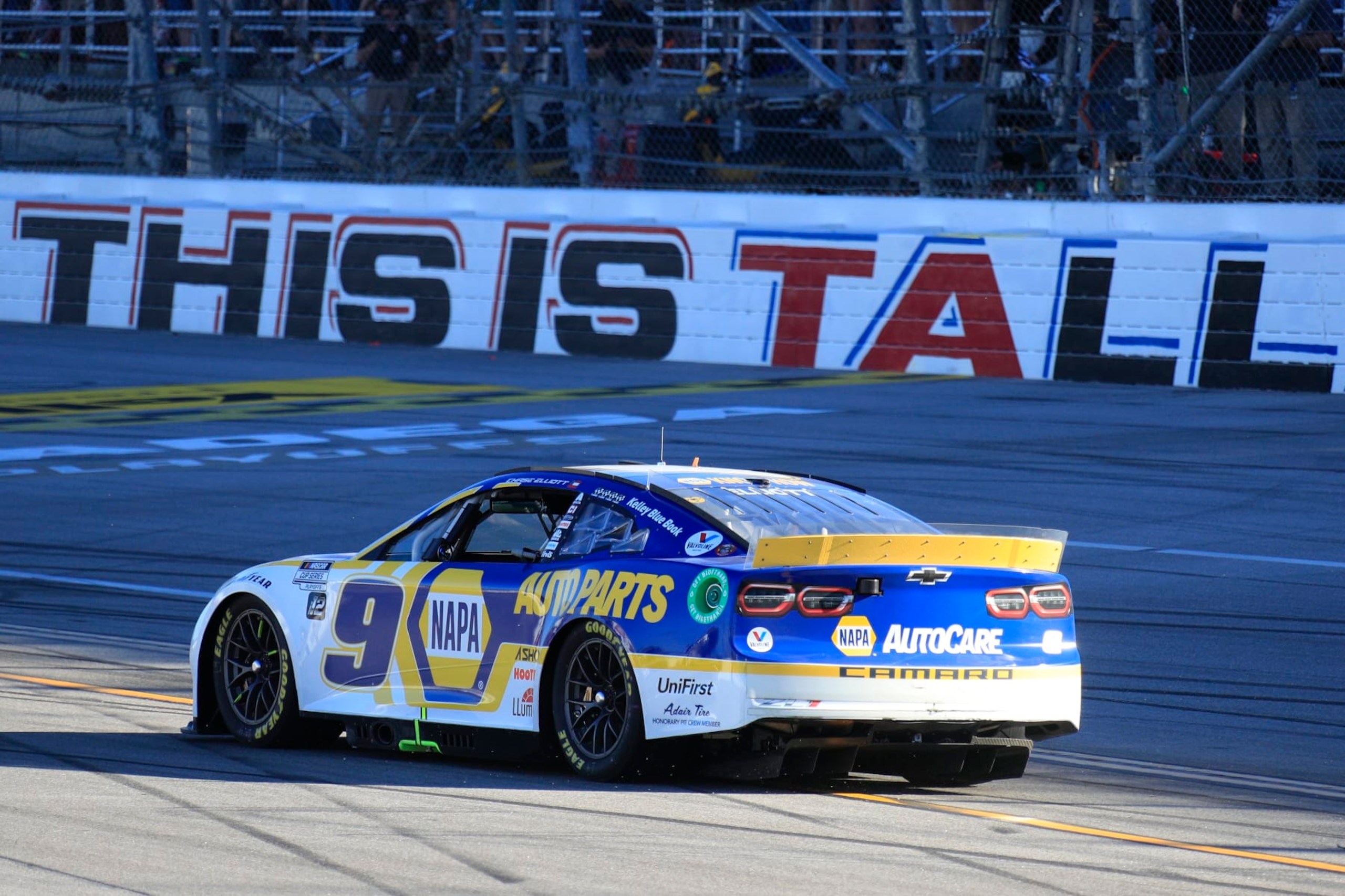TALLADEGA, AL - OCTOBER 02: Chase Elliott (#9 Hendrick Motorsports NAPA Auto Parts Chevrolet) performs a burnout after winning the NASCAR Cup Series Playoff YellaWood 500 on October 02, 2022 at Talladega SuperSpeedway in Talladega, AL (Photo by Jeff Robinson/Icon Sportswire via Getty Images)