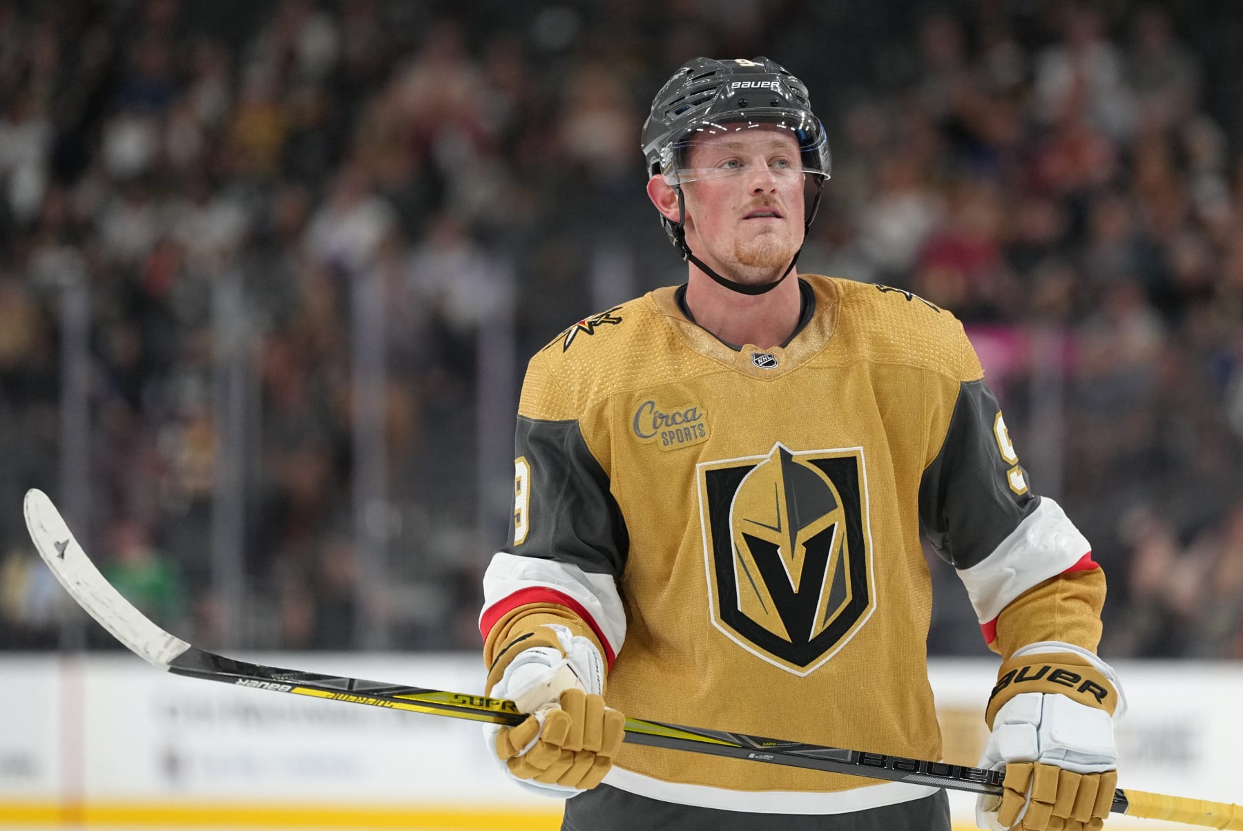 LAS VEGAS, NEVADA - SEPTEMBER 26: Jack Eichel #9 of the Vegas Golden Knights skates during the first period against the Los Angeles Kings in a preseason game at T-Mobile Arena on September 26, 2022 in Las Vegas, Nevada. (Photo by Jeff Bottari/NHLI via Getty Images)