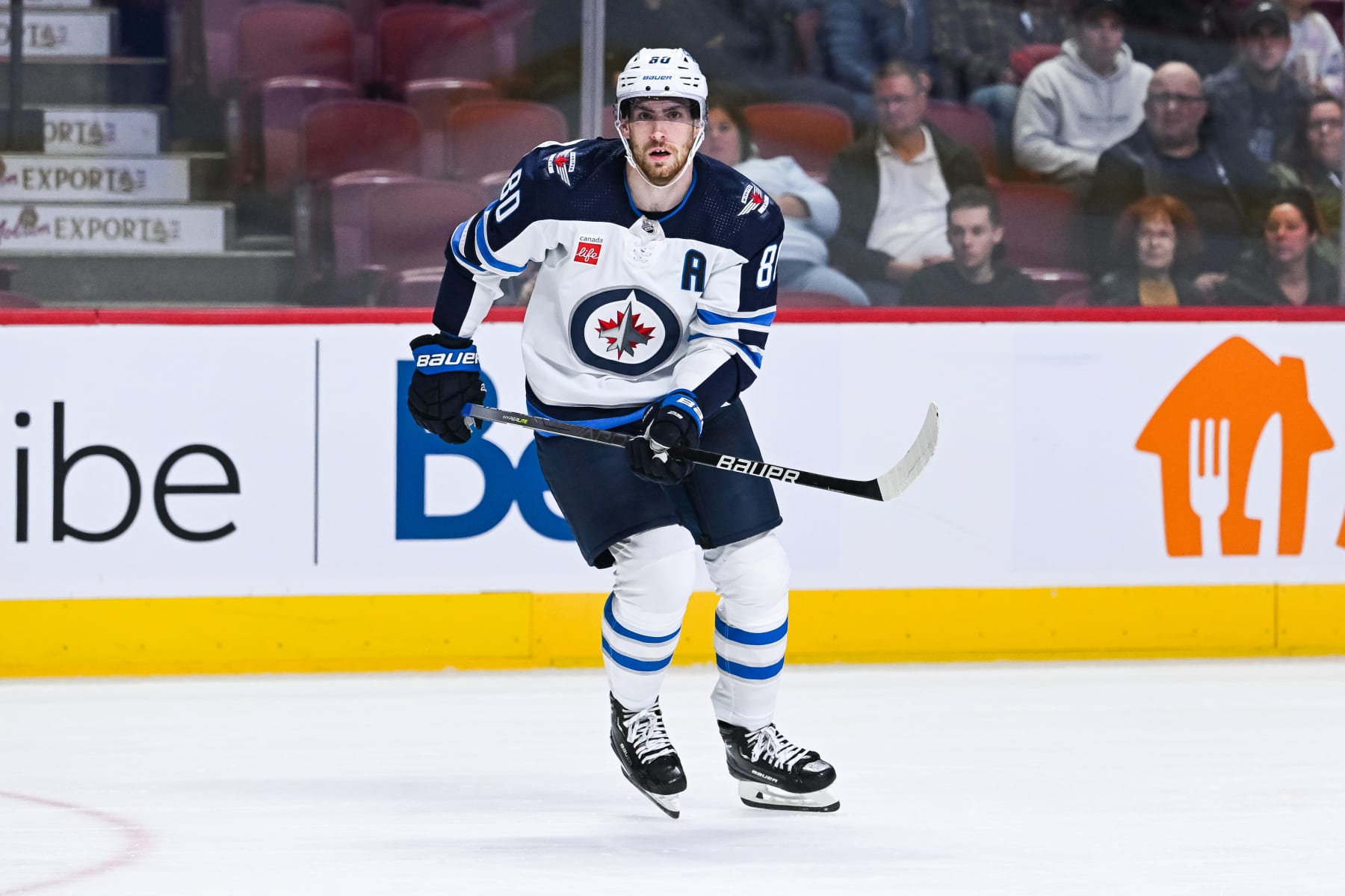 MONTREAL, QC - SEPTEMBER 29: Look on Winnipeg Jets forward Pierre-Luc Dubois (80) during the Winnipeg Jets versus the Montreal Canadiens preseason game on September 29, 2022, at Bell Centre in Montreal, QC (Photo by David Kirouac/Icon Sportswire via Getty Images)