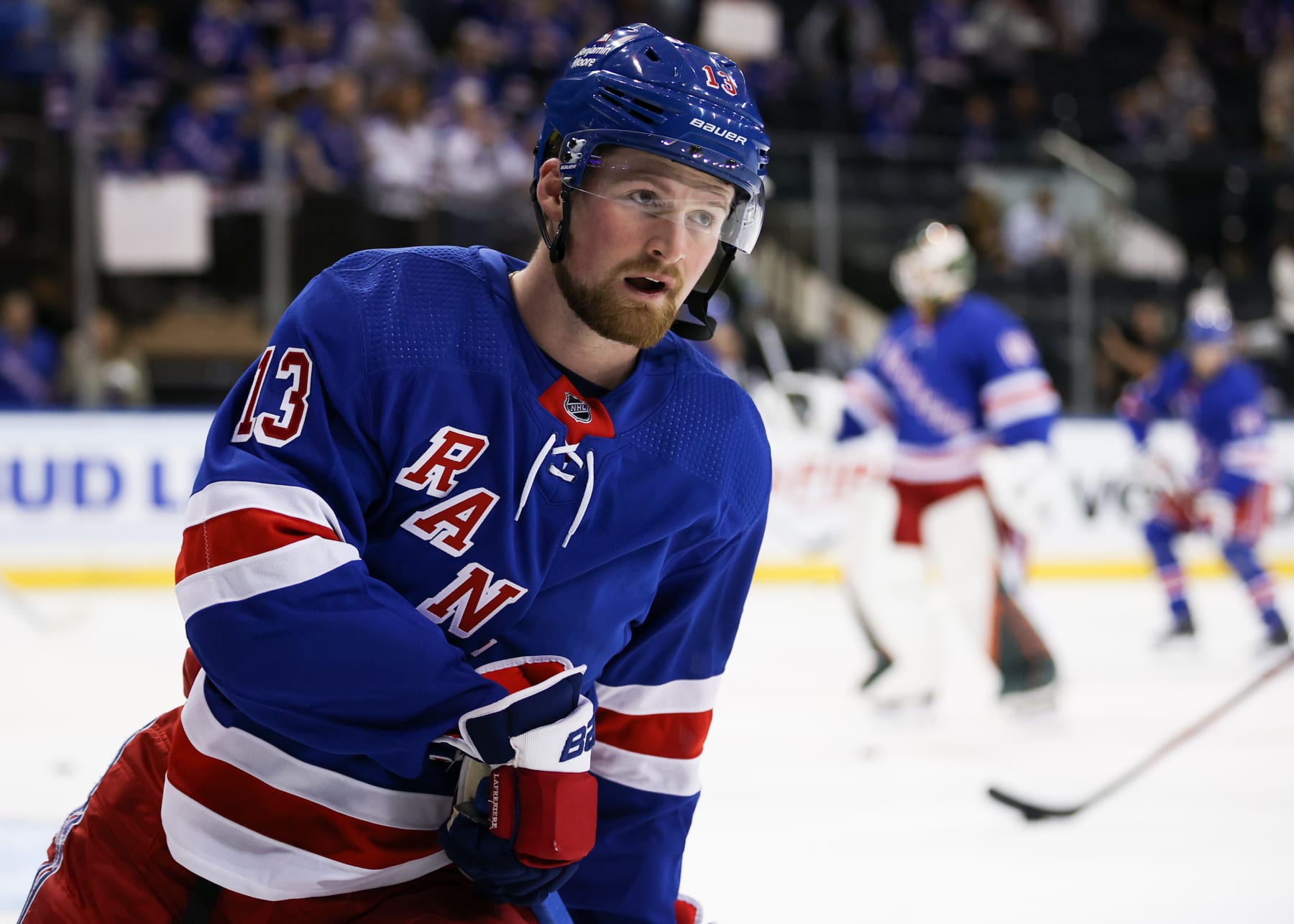 uNEW YORK, NY - SEPTEMBER 29: New York Rangers Left Wing Alexis Lafreniere (13) is pictured prior to the National Hockey League preseason game between the New Jersey Devils and the New York Rangers on September 29, 2022 at Madison Square Garden in New York, NY. (Photo by Joshua Sarner/Icon Sportswire via Getty Images)